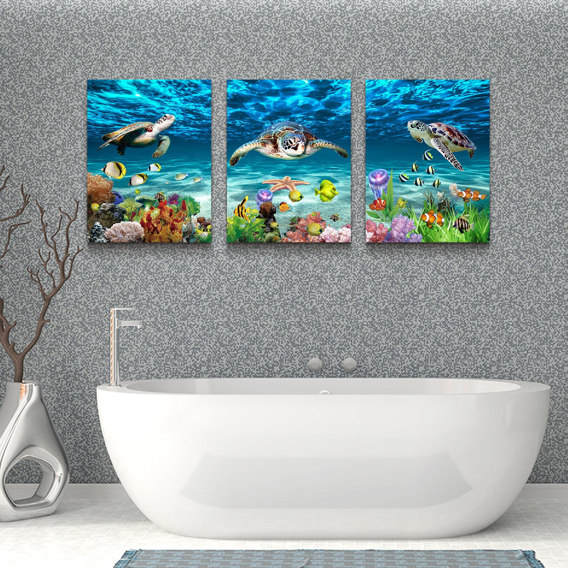 Lapremoly Canvas Wall Art - 3 Piece Ocean Sea Turtle Scenery Paintings for Bedroom, Living Room, Bathroom & Office Decor | Modern Ready-to-Hang Wall Decor for Home & Family | Perfect for Coastal, Beach House & Nature-Themed Interior Design