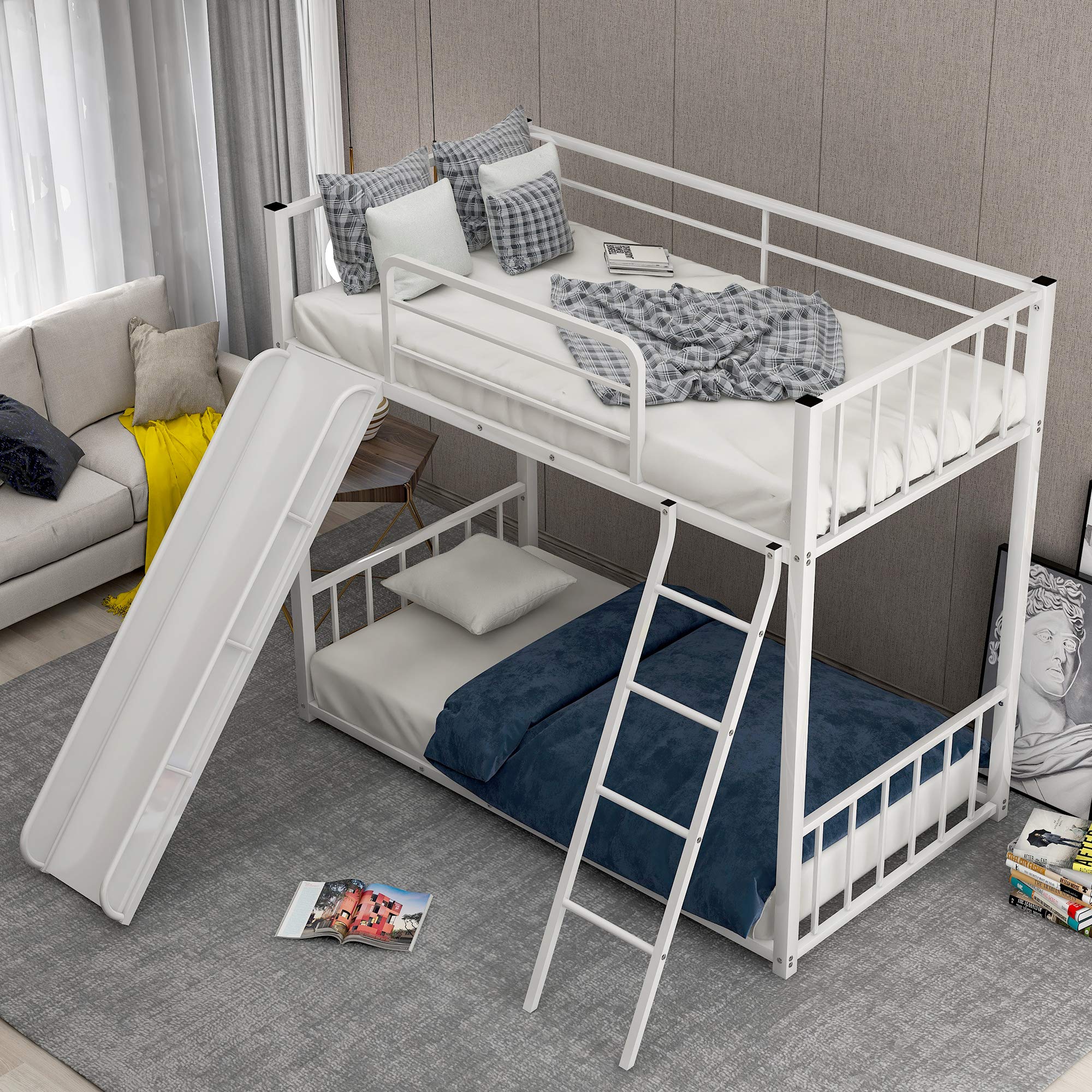 KLMM Heavy Duty Metal Bunk Bed with Slide & Safety Guard Rails - Twin Size Kids/Teens Bed Frame with Inclined Ladder - Perfect for Small Bedrooms, Shared Kids Rooms & Sleepovers