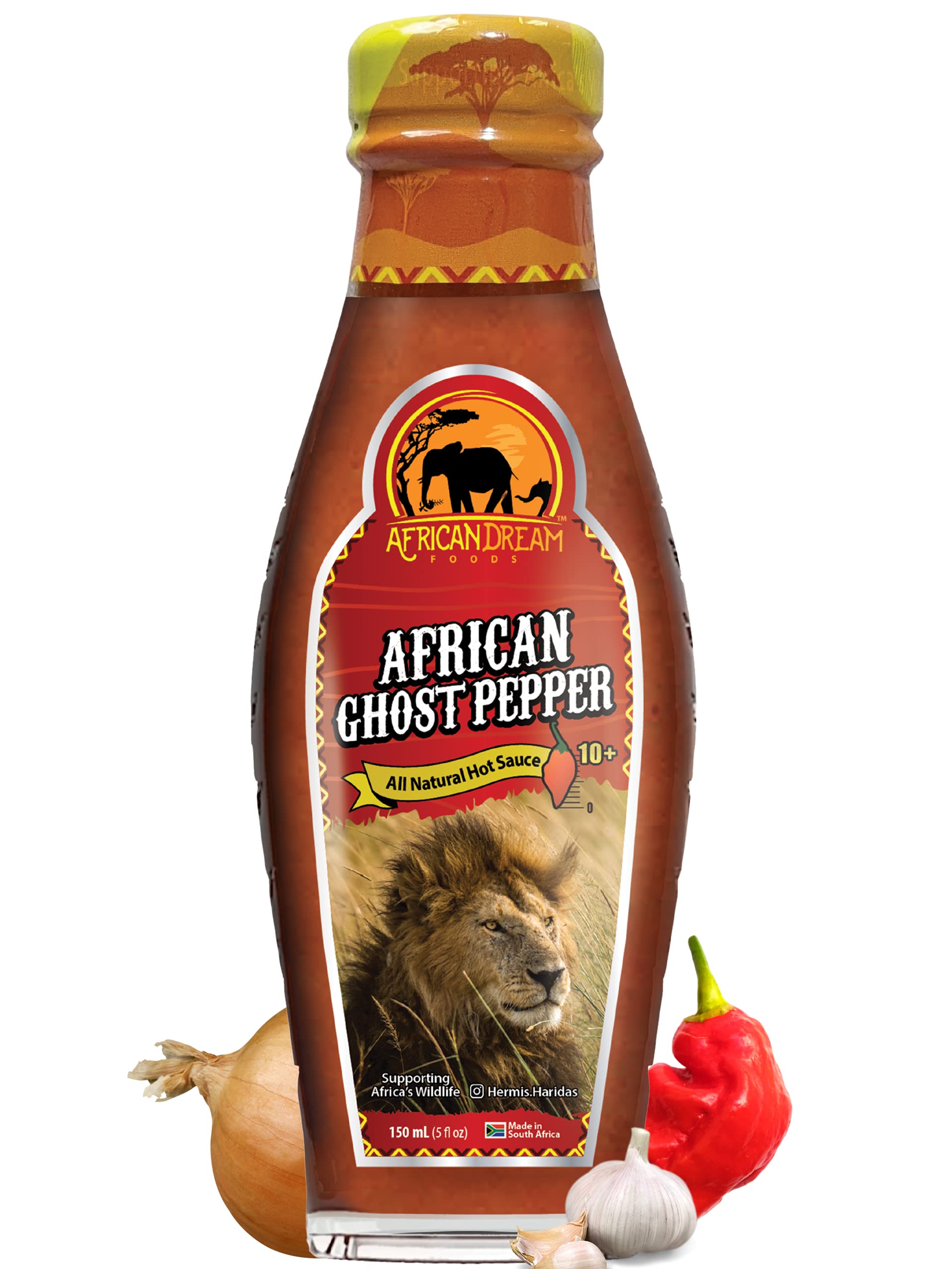 African Ghost Pepper Hot Sauce by African Dream Foods - Extremely Spicy Vegan & Non-GMO Sauce (5 fl oz Glass Bottle) - Perfect for Wings, Tacos, Chili & Cooking