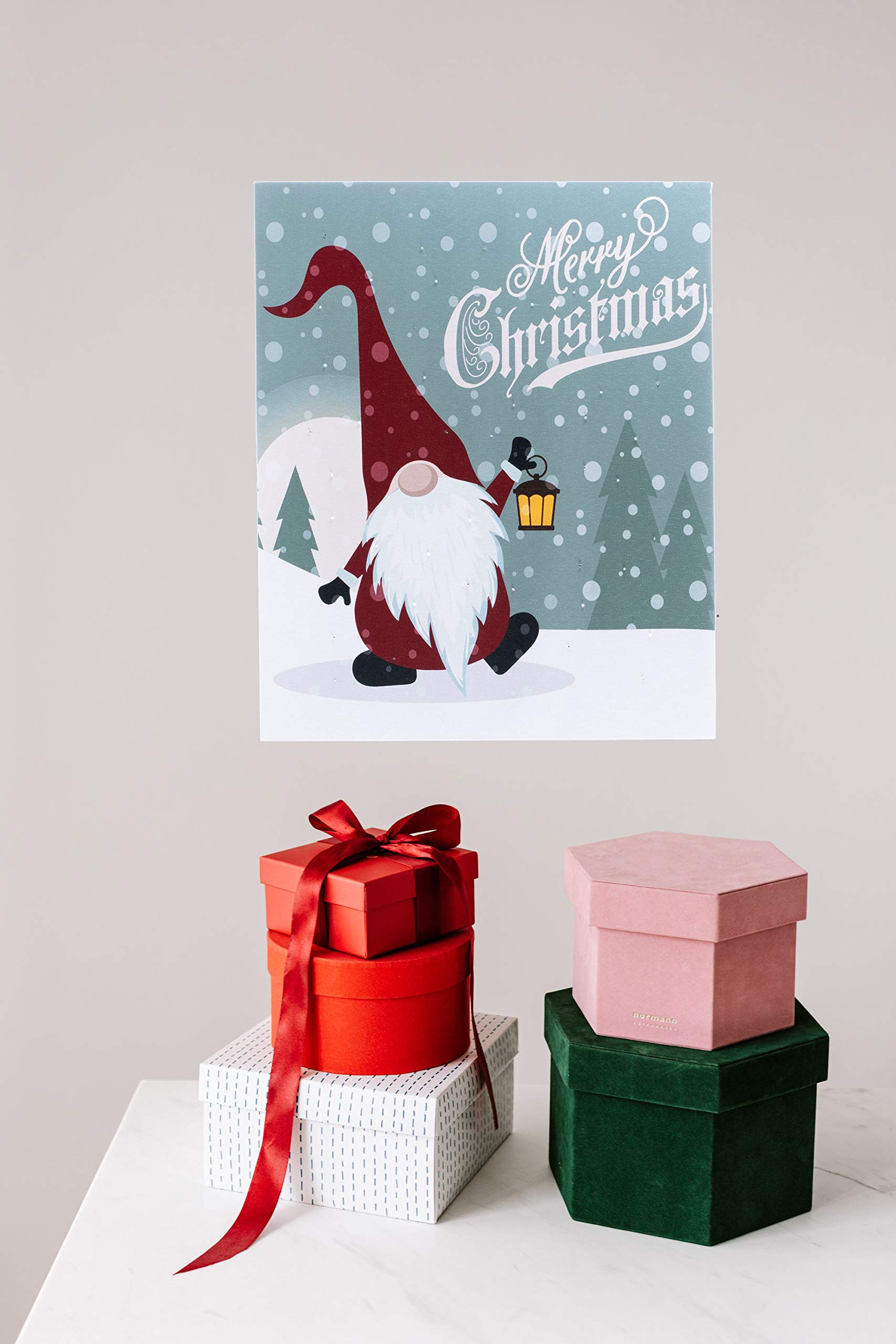 OSW Merry Christmas Gnome LED Lighted Canvas Wall Art - Winter Scene with Lantern, 17 x 13.75 Inches, Auto 6-Hour Timer, Battery Powered (AA) - Perfect for Holiday Home Decor, Gift Giving & Festive Ambiance