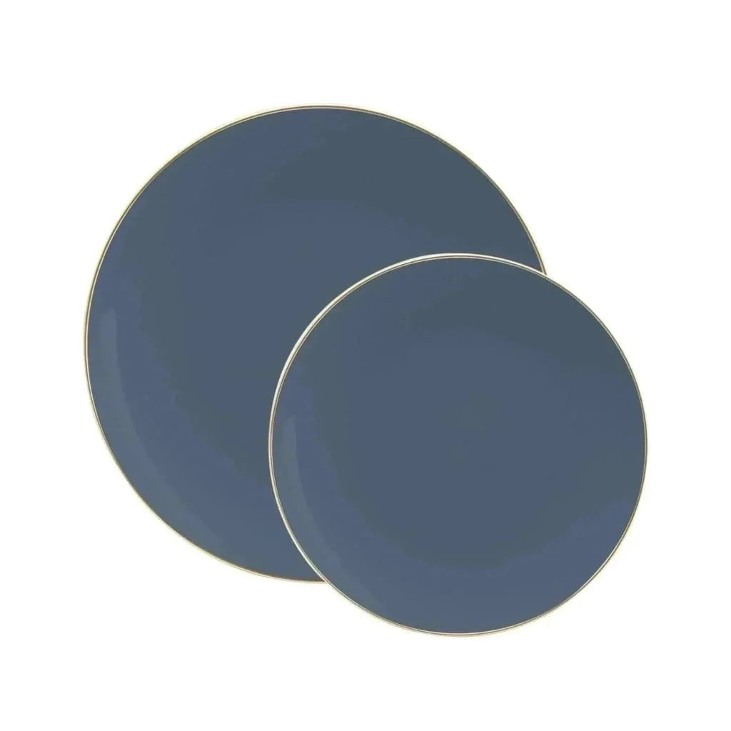 Eco-Friendly Round Plastic Plates - Slate Blue with Gold Rim | Durable & Stylish Disposable Tableware for Parties, Picnics, and Events