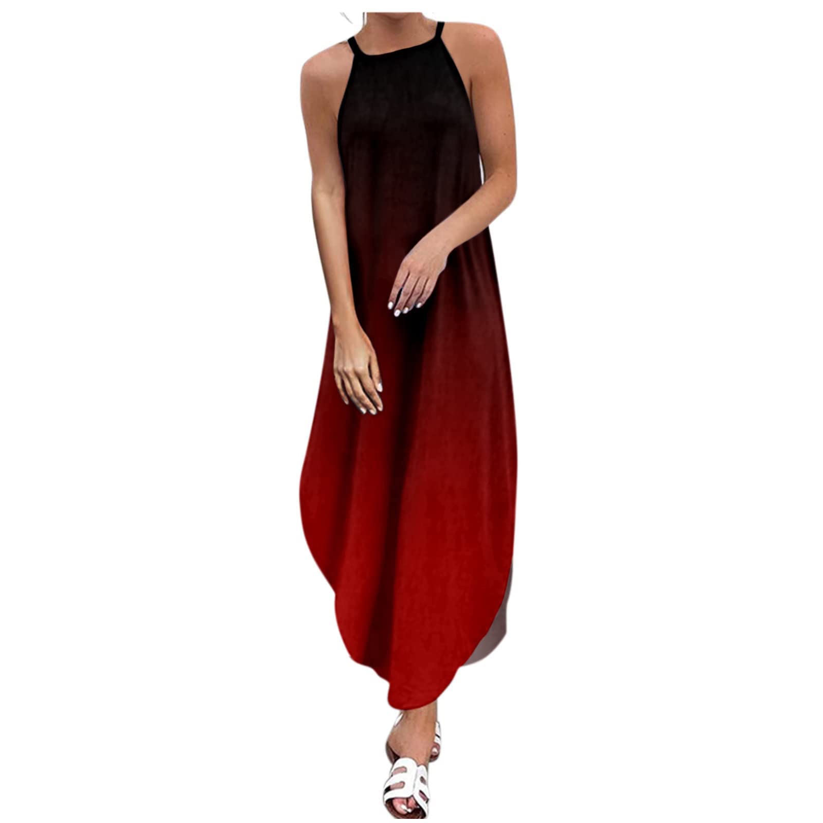 FengLS Women's Summer Sundress - Loose Sleeveless Long Camis Dress for Beach, Vacation & Casual Wear | Wine Red Flowy Maxi Dress