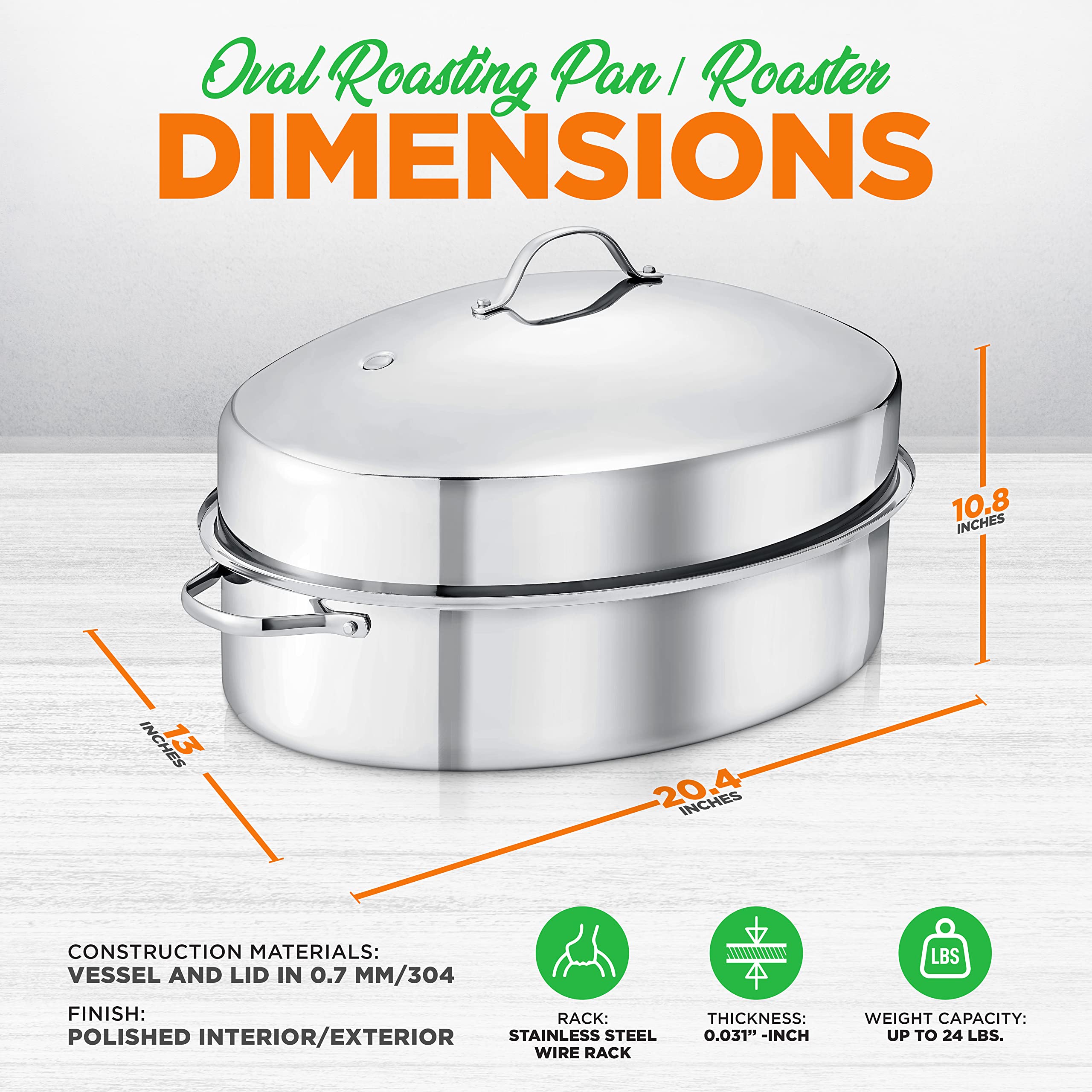 NutriChef 20-Inch Stainless Steel Oval Roasting Pan with Rack & Lid - Heavy Duty Turkey Roaster Pan for Oven, Dishwasher Safe Cookware for Chicken, Beef, Stews - Perfect for Thanksgiving, Holiday Dinners & Family Gatherings