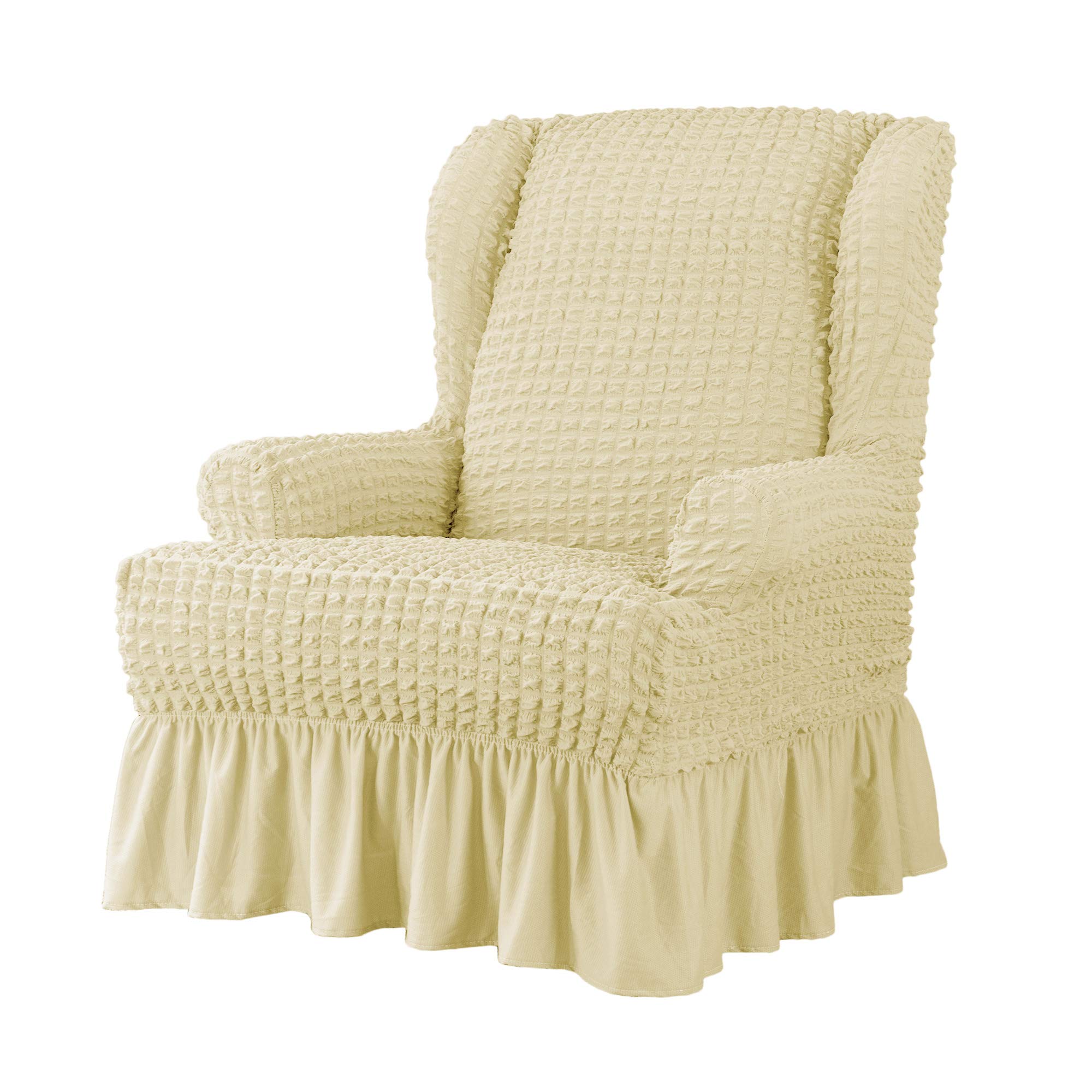 Premium Seersucker Wingback Chair Slipcover with Skirt - High Elastic 1-Piece Sofa Cover for Pets - Light Yellow | Dog & Cat Furniture Protector | Living Room, Bedroom Home Decor