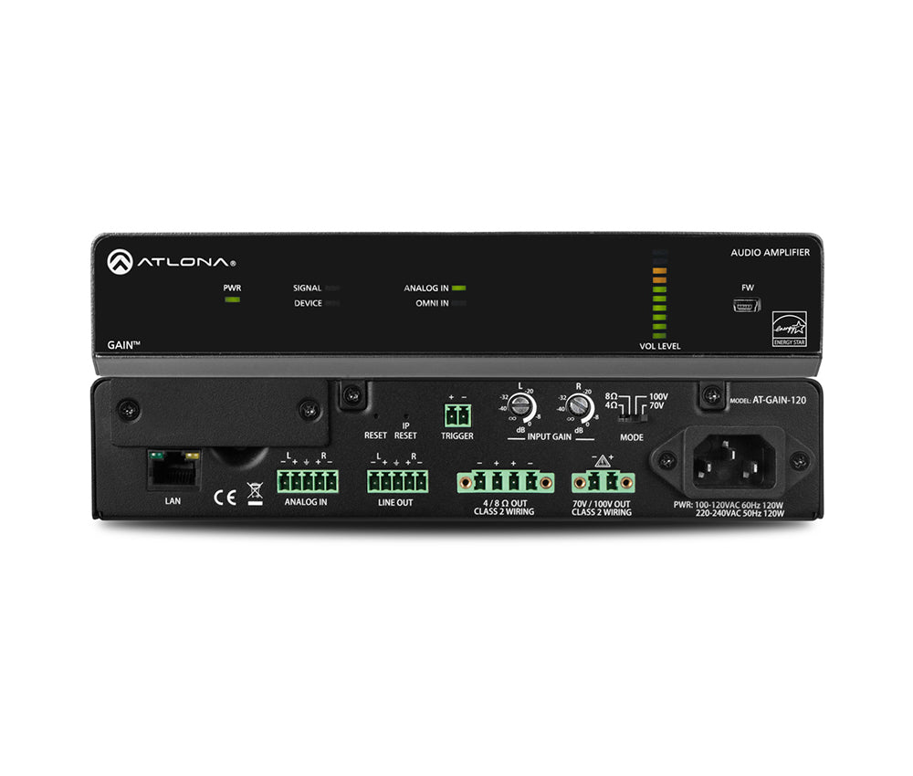 Atlona® AT GAIN 120 Stereo/Mono Power Amplifier - 120W High-Performance Audio Amplifier for Home Theater, Studio & Live Sound Systems