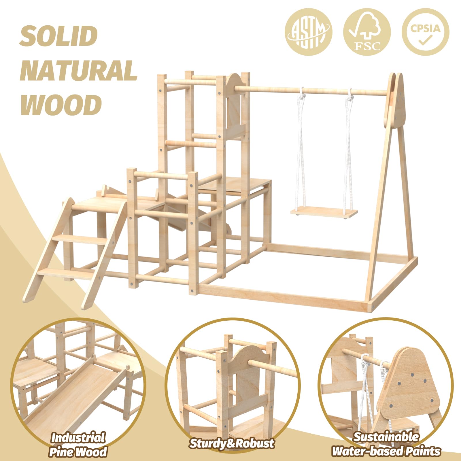 Montessori Wooden Climber Playset with Slide & Swing - Indoor Jungle Gym for Toddlers | Safe & Sturdy Toddler Climbing Toys for Home Playroom, Daycare & Preschool Development