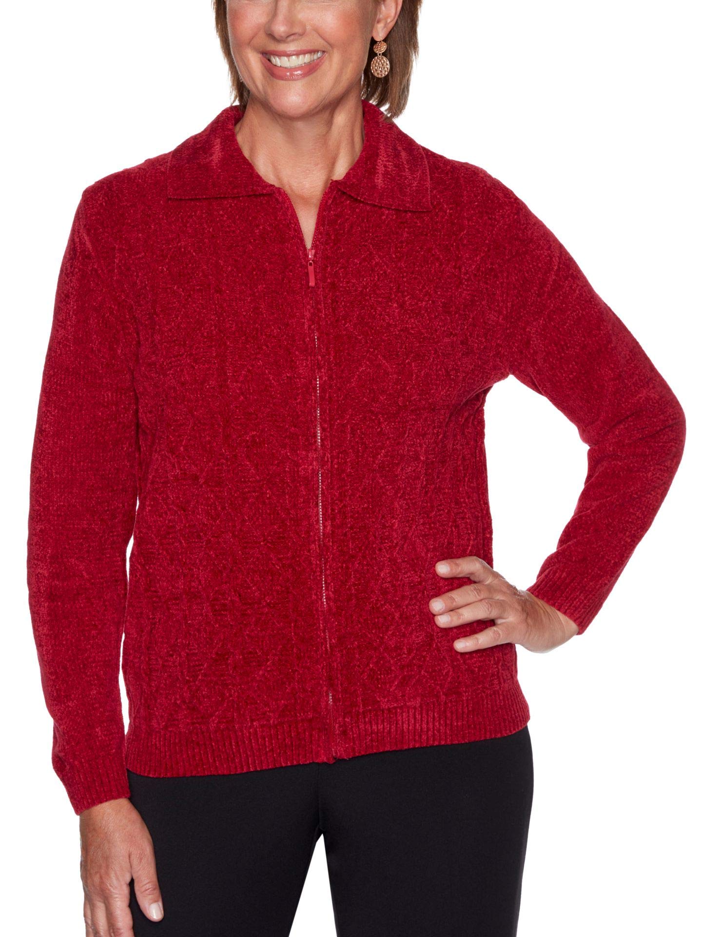 Alfred Dunner Women's Classic Acrylic Chenille Zip-Up Cardigan Sweater - Cozy Fall & Winter Layering for Casual Outfits