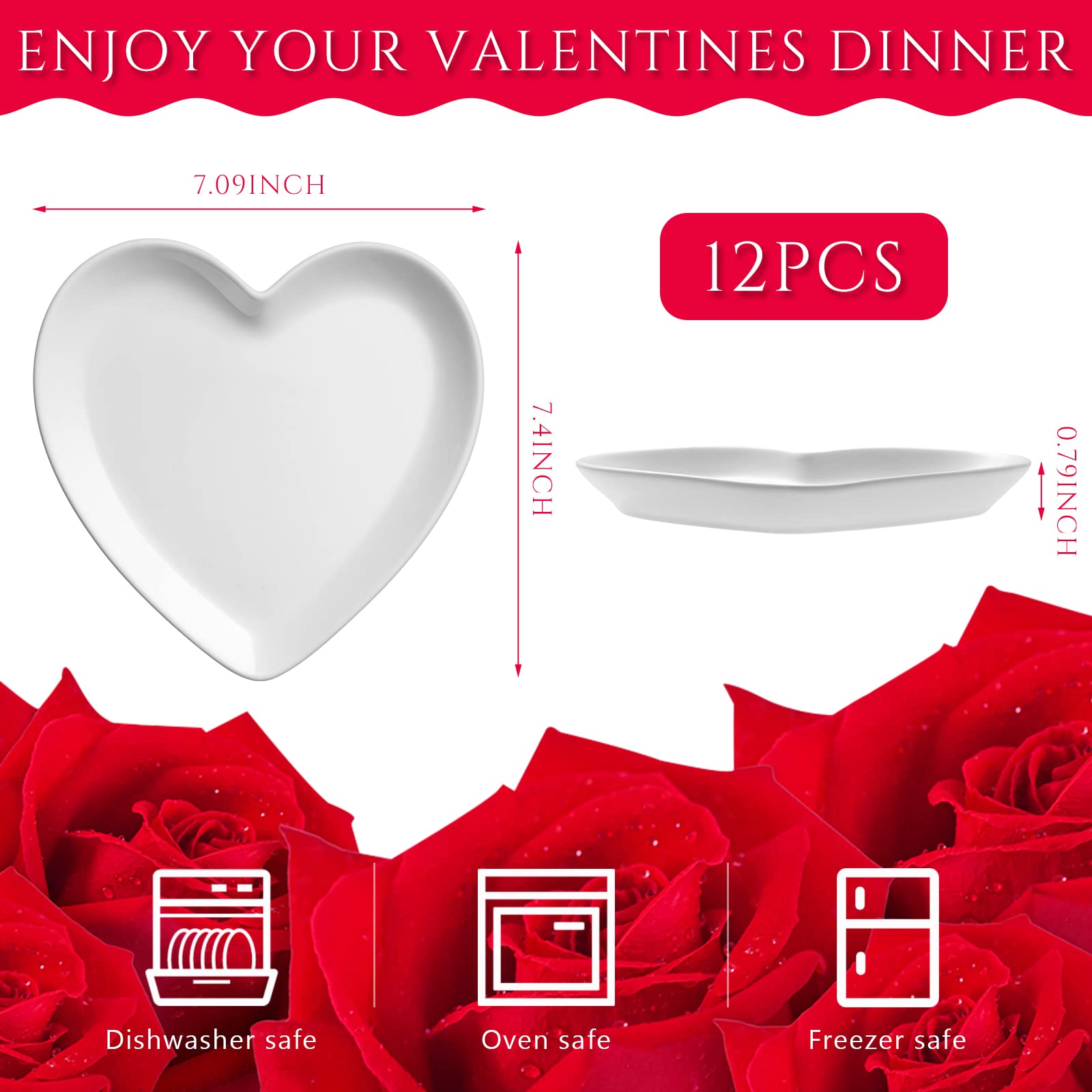 Suclain 12-Piece Heart-Shaped Ceramic Dinner Plates Set - 7.4 Inch Porcelain Serving Dishes for Salad, Appetizer, Sushi, Dessert - Perfect for Christmas, Valentine's Day & Romantic Dinners (White)