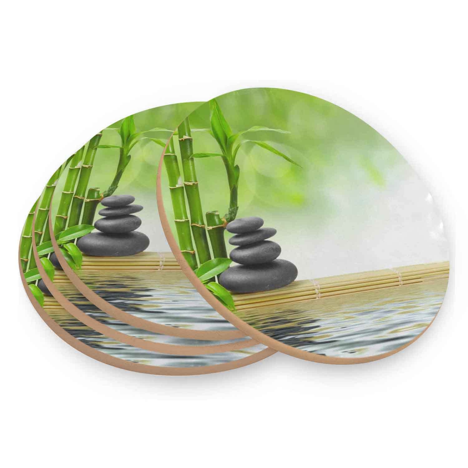 4 Pcs Natural Cork Coasters Set - Heat-Resistant Drink Coasters for Coffee Tables, Wooden Tables, Bars & Home Decor - Spa Zen Stone Green Bamboo Design - Perfect for Hot & Cold Beverages, Dinner Parties, and Office Use