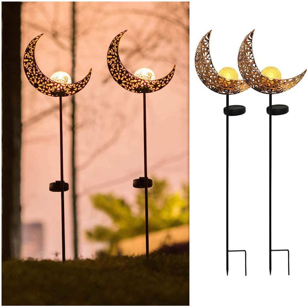 Solar Powered Moon Lights Outdoor - Waterproof Garden Pathway Stake Lights with Crackle Glass Ball & Golden Stars - Decorative Lawn, Patio, Yard Lighting (Copper, 2 Pack) - Perfect for Romantic Backyard, Wedding Decor & Landscape Illumination