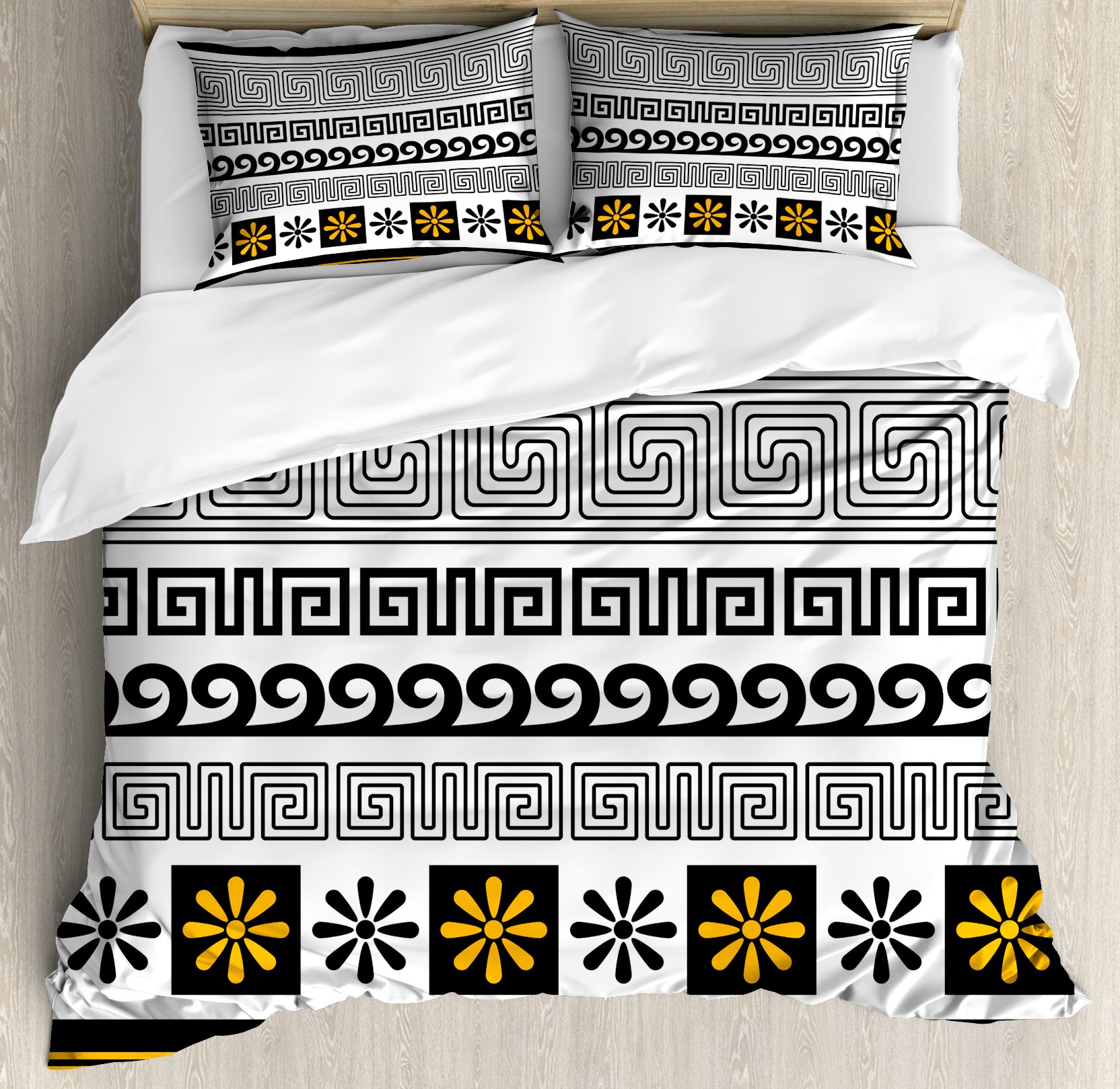 Ambesonne Geometric Duvet Cover Set Queen Size - Traditional Ancient Square Lines Waves Floral Pattern 3-Piece Bedding with 2 Pillow Shams - Marigold White Black for Bohemian Bedroom Decor & Guest Room Styling