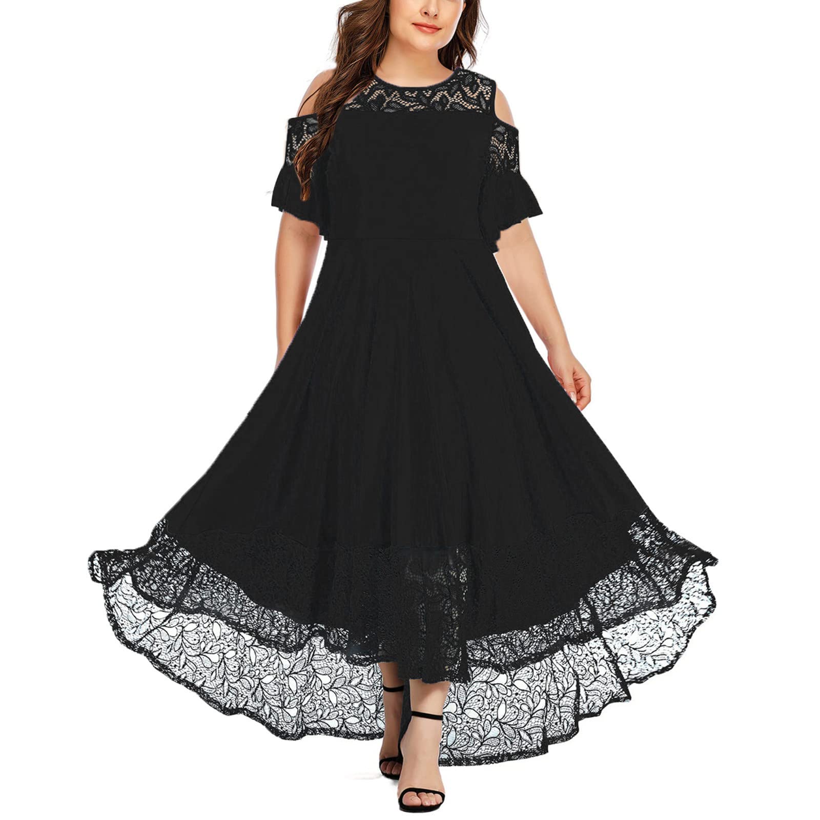 Elegant Plus Size Lace Prom Dress 2024 | Cold Shoulder Long Flowy Evening Gown | Floral Embroidered Wedding Guest Maxi Dress for Women | Perfect for Prom, Homecoming, Formal Parties & Special Occasions
