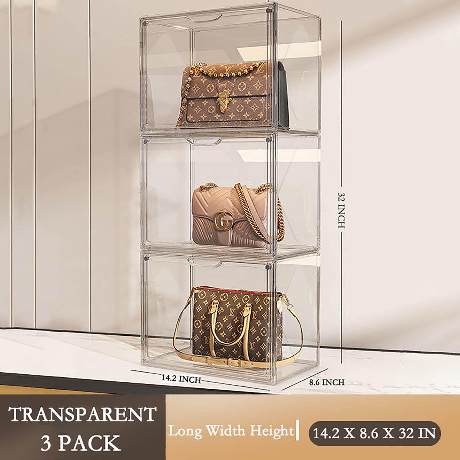 Clear Acrylic Stackable Magnetic Drop Front Storage Organizer - 3 Pack Handbag Purse & Shoe Display Case for Closet, Cosmetic Storage Bins, Book & Toy Organizer | Perfect for Bedroom, Closet & Office Organization