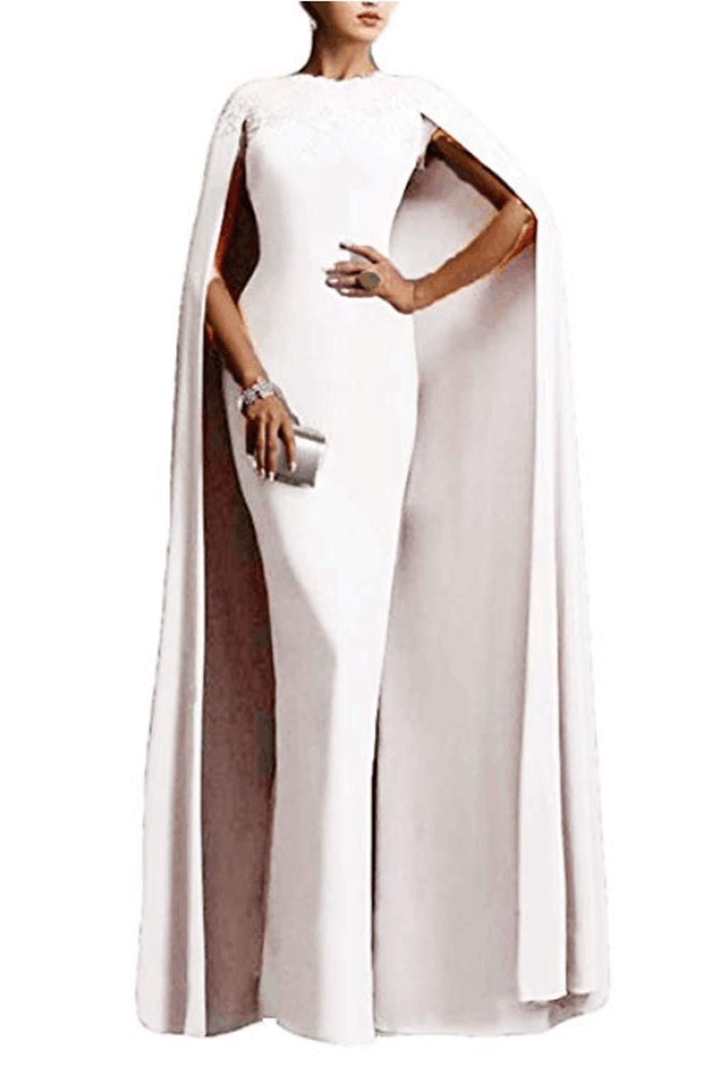 Emanni Women's Elegant Mermaid Long Formal Gown Prom Evening Dress with Cape - White for Wedding, Ball, Gala & Special Occasions