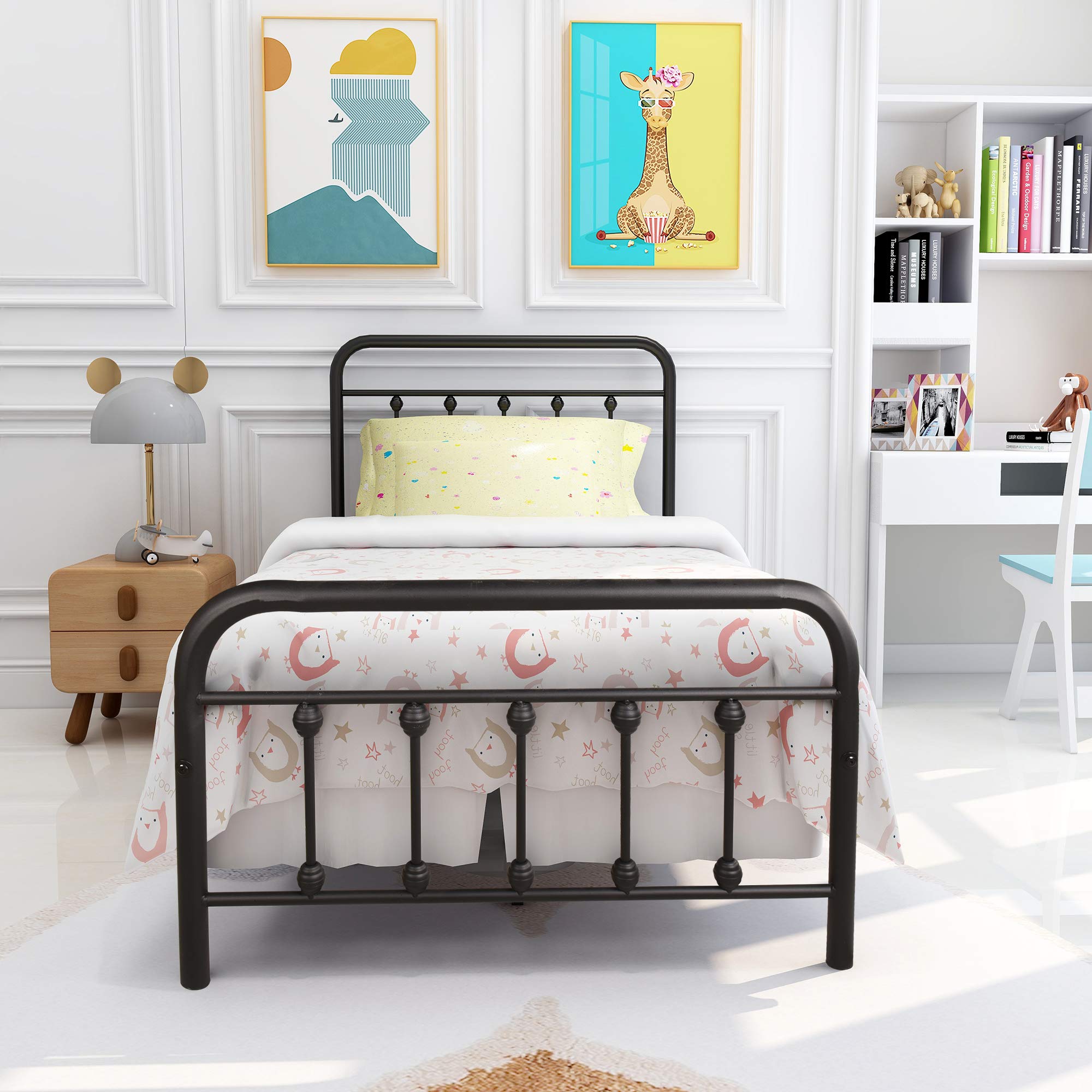 Vintage Twin Metal Bed Frame with Headboard & Footboard - Sturdy Mattress Foundation, No Box Spring Needed (Black) - Perfect for Guest Rooms, Dorms & Small Spaces