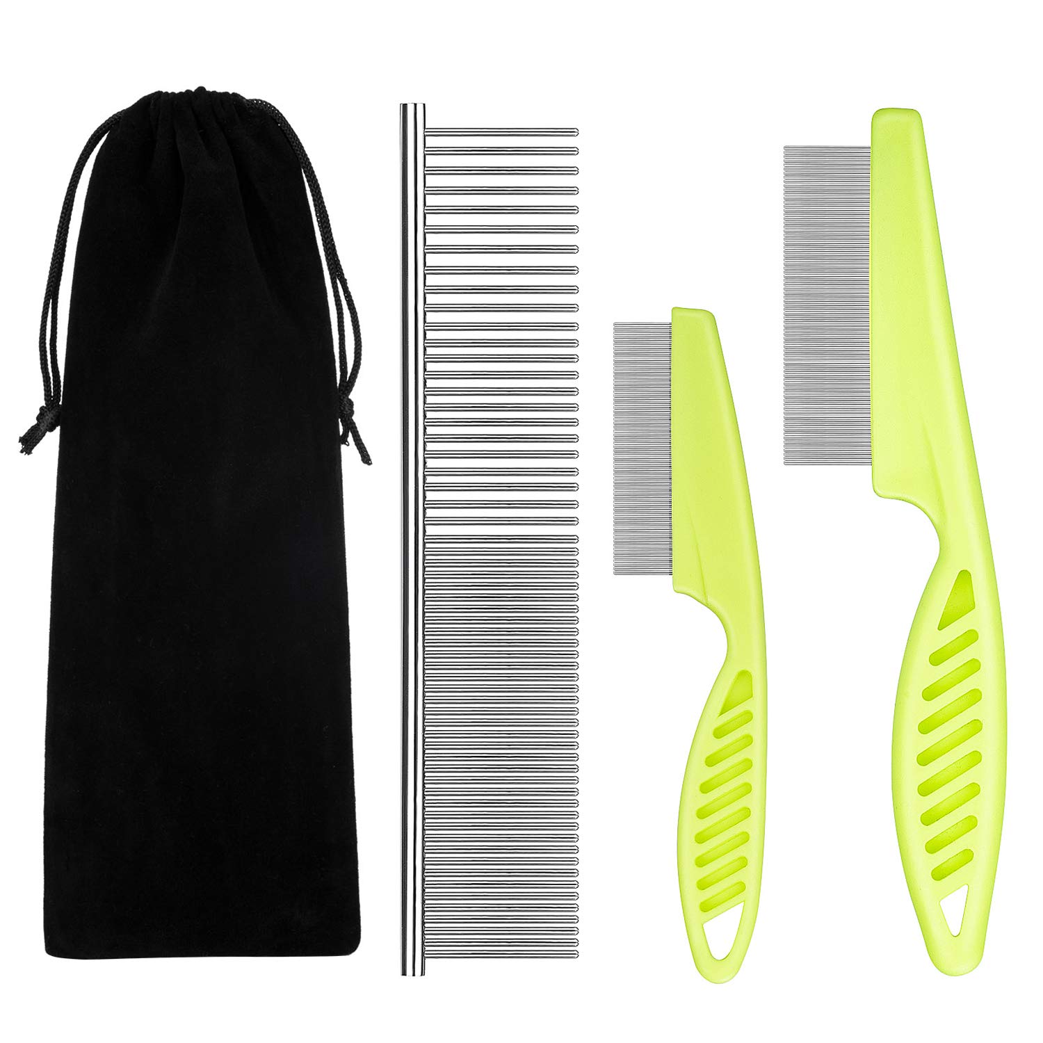 **Premium Metal Flea Comb for Cats & Dogs - Durable Lice & Tear Stain Remover, Detangles Hair, Reduces Dandruff - 3-Piece Pet Grooming Set with Storage Pouch (Green) - Perfect for Daily Grooming & Flea Control**