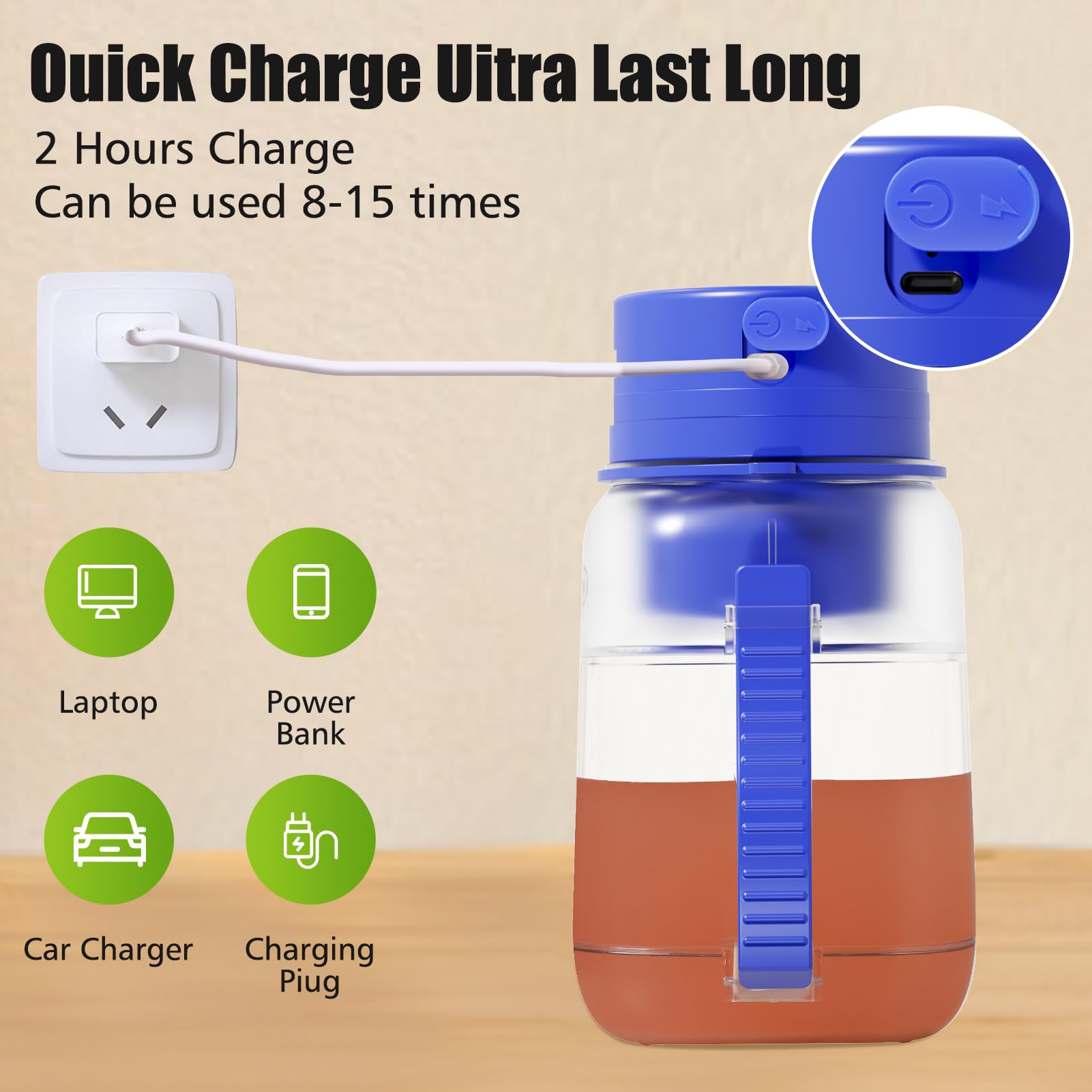 Portable Blender 33.8oz - 60W USB-C Rechargeable Personal Blender for Smoothies, Protein Shakes & Juices - Large Travel Blender with Lid, Straw & Carry Strap - Perfect for Gym, Workout, Camping & Office (Blue)