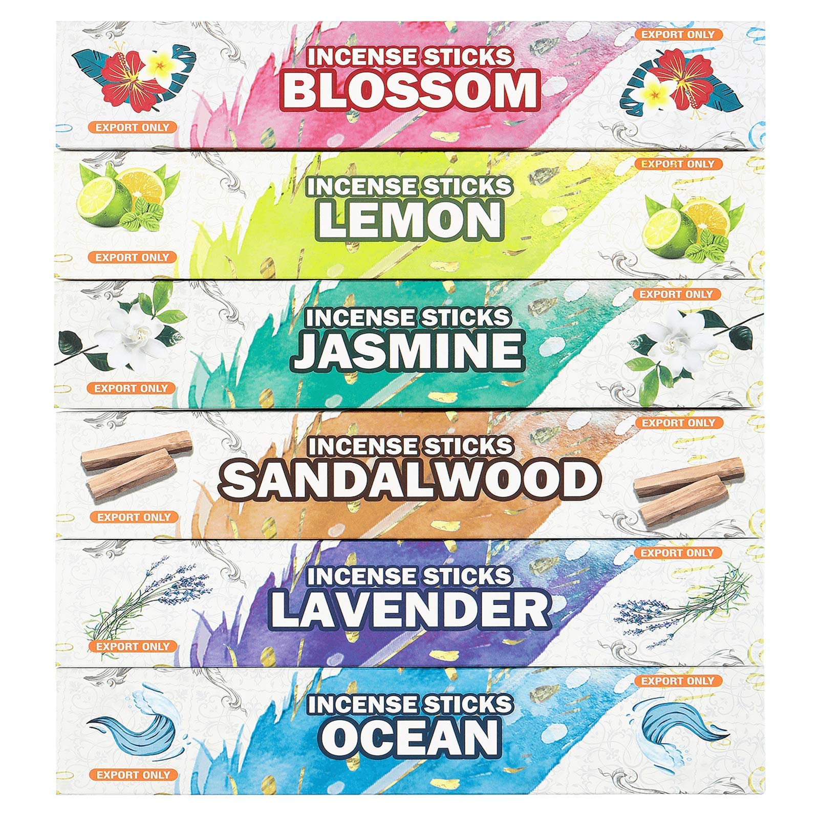 Premium Sandalwood Incense Sticks Variety Pack - Jasmine, Lemon, Ocean Breeze, Blossom & Lavender Scents (120 Sticks) for Meditation, Yoga, Relaxation, Prayer, Home Fragrance & Spiritual Rituals