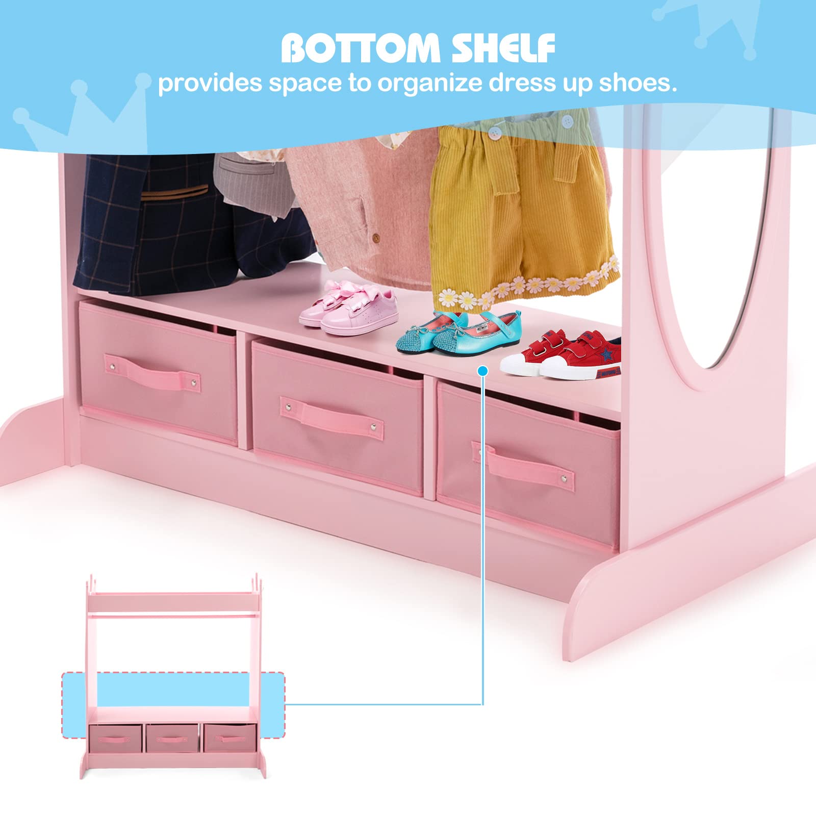 JOYLDIAS Kids Dress Up Storage Organizer with Mirror and 3 Drawers, Pink Playroom Wardrobe for Girls - Costume Closet with Side Pockets & Top Shelf | Perfect for Bedroom, Nursery & Pretend Play Areas