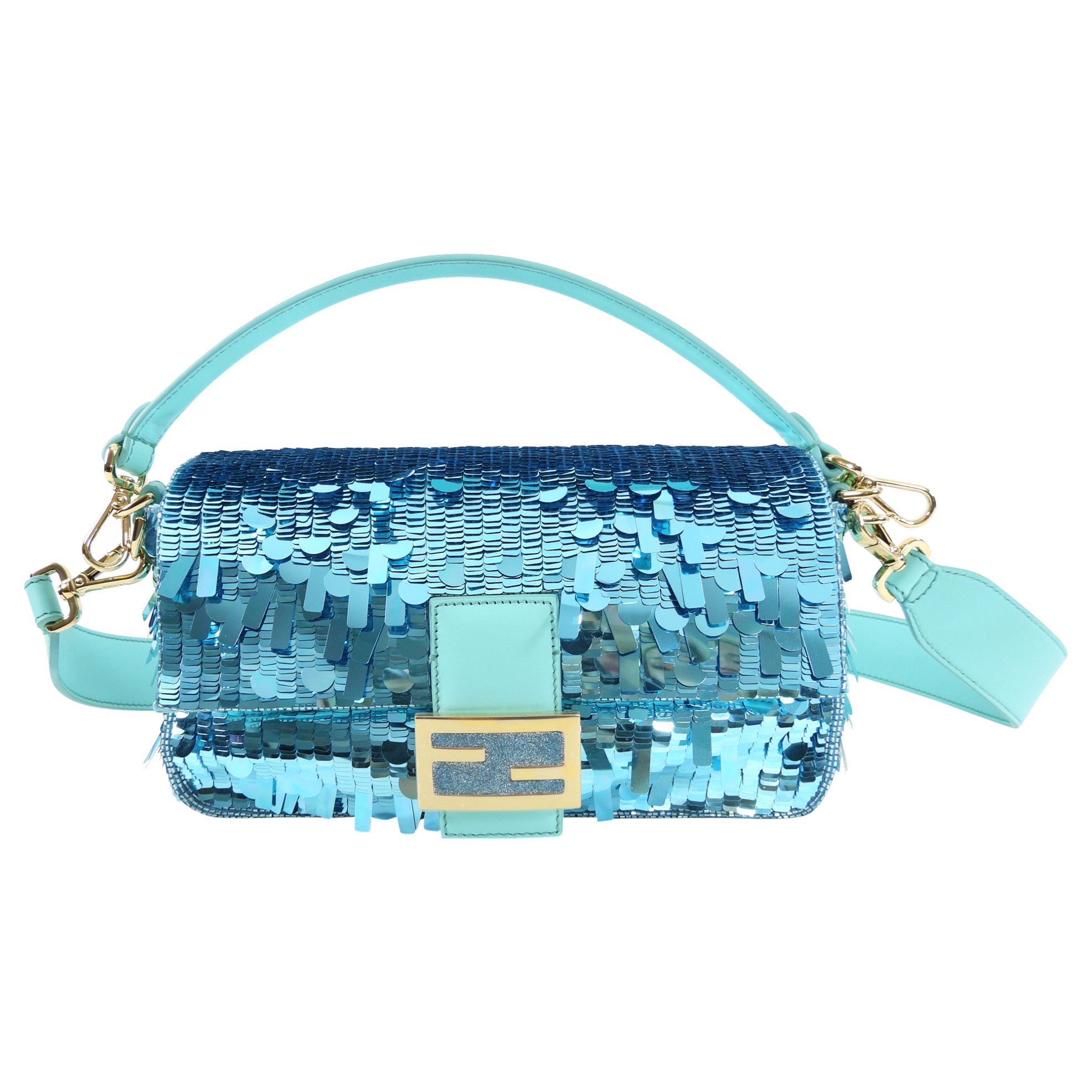Fendi Turquoise Sequin Baguette Bag - 25th Anniversary Limited Edition Luxury Shoulder Purse for Women | Perfect for Parties, Weddings & Special Occasions