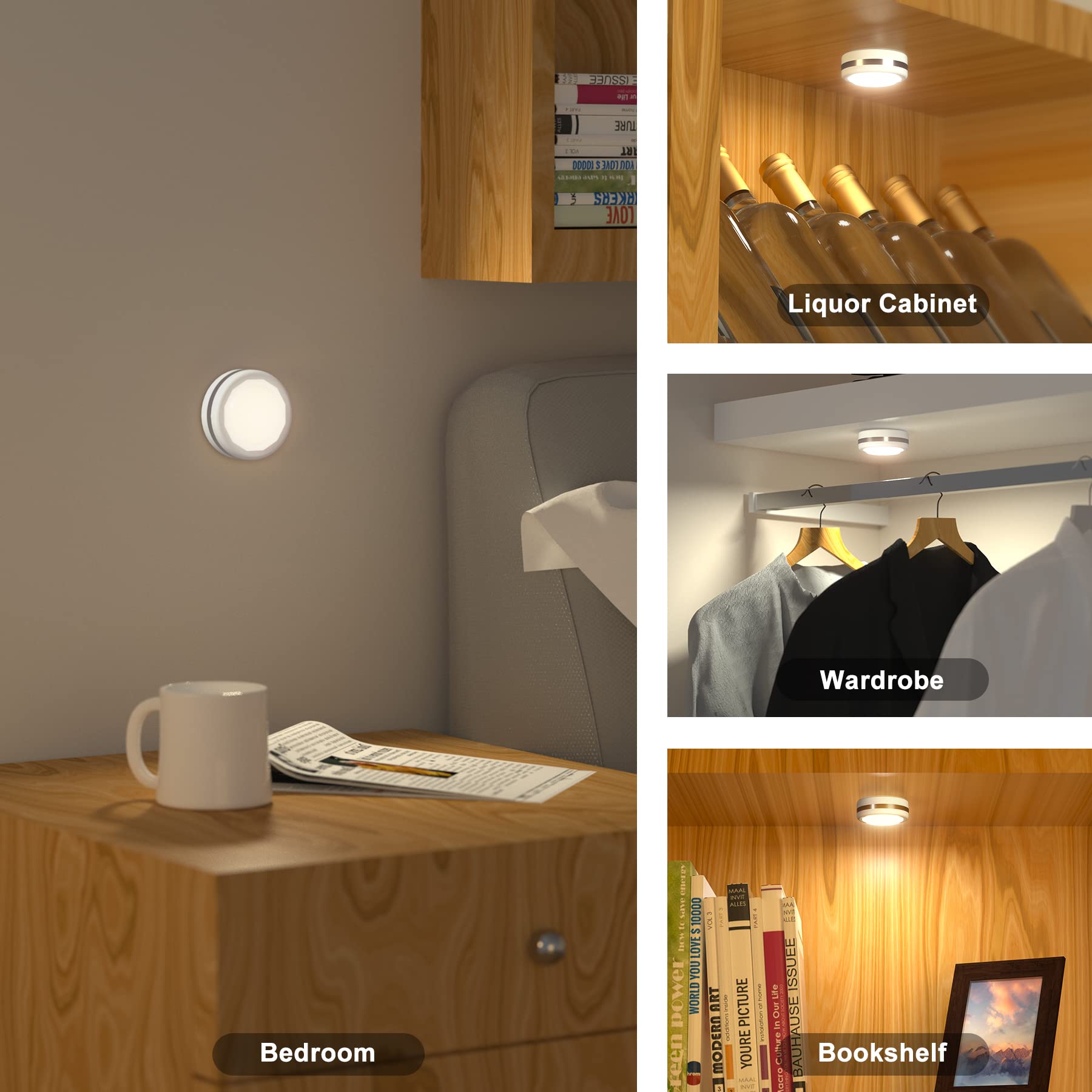 Shineled 6-Pack Wireless LED Puck Lights with Remote Control - Dimmable Under Cabinet Lighting, Closet Light, Natural White - Perfect for Kitchen, Wardrobe, and Display Shelves