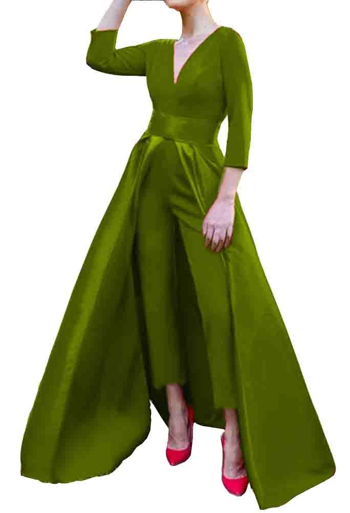 Honeydress Women's A-Line Satin Jumpsuit Evening Dress with Removable Waist Cape - Long Sleeve Prom Gown Pantsuit for Formal Events, Parties & Special Occasions