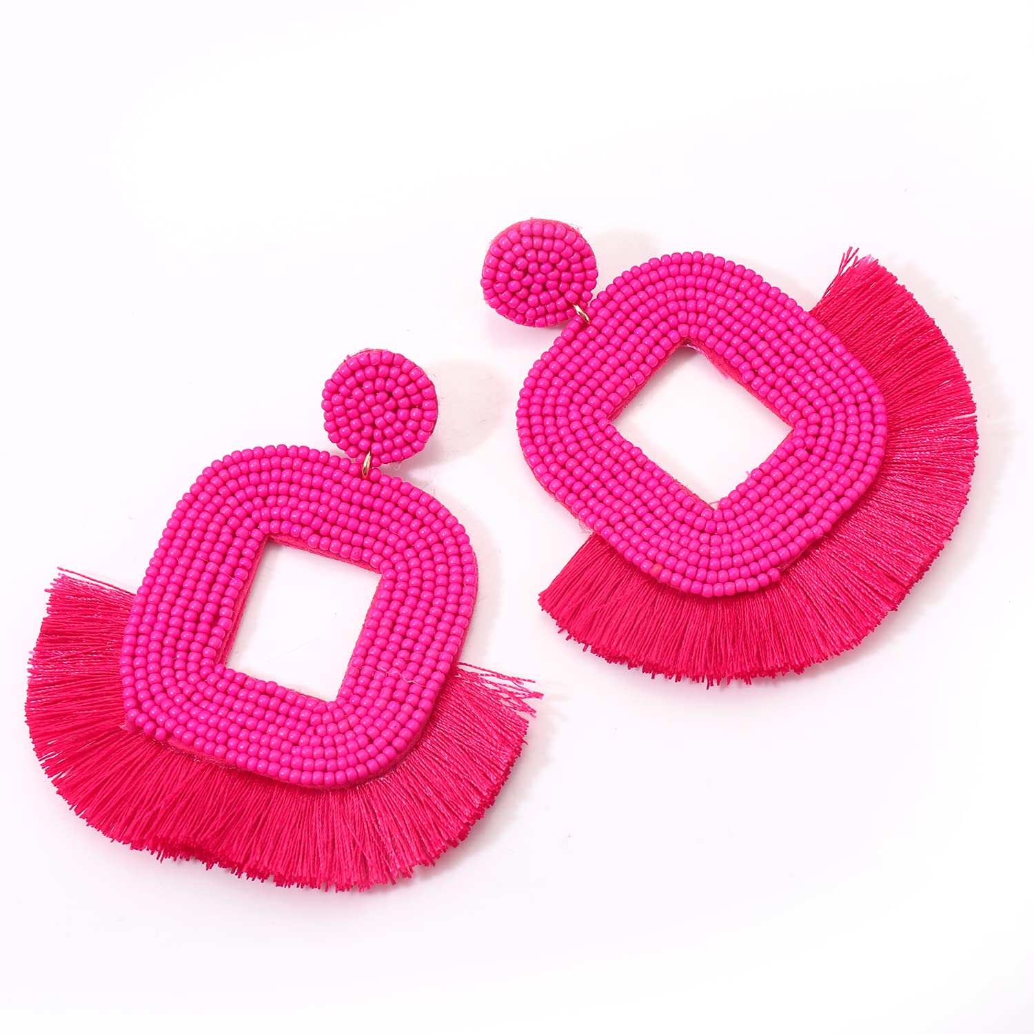 Handmade Bohemian Large Beaded Tassel Earrings for Women - Geometric Square Hoop Statement Earrings with Fan-Shaped Fringe Drop Dangle | Perfect for Parties, Weddings & Boho Fashion Accessories