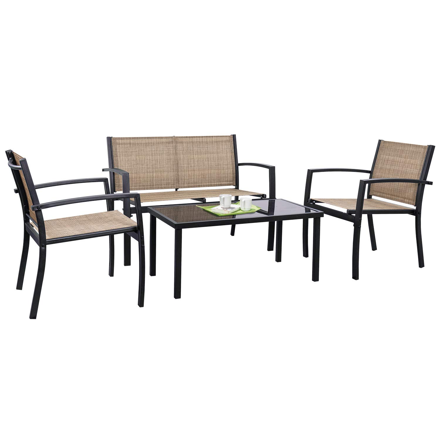 Tuoze 4-Piece Outdoor Patio Furniture Set with Glass Coffee Table & Loveseat - Yellow Bistro Conversation Set for Garden, Yard, Lawn, Balcony | Perfect for Outdoor Entertaining & Relaxation