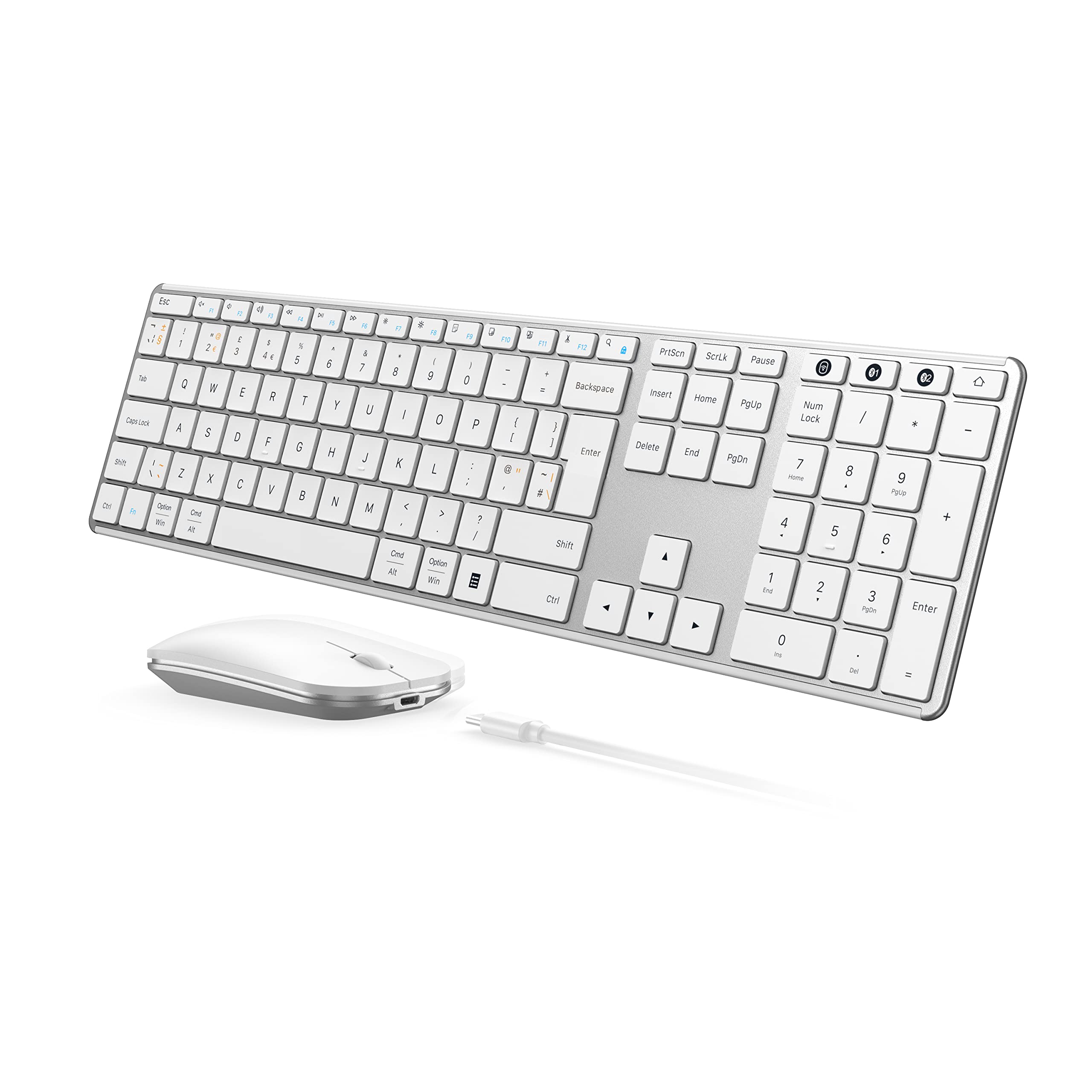 Seenda JP-064-3 Rechargeable Wireless Bluetooth Keyboard & Mouse Combo - Ultra Slim Multi-Device Keyboard Mouse Set for Windows, Mac, Laptop, Tablet, iPad (QWERTY UK Layout, White/Silver) - Perfect for Home Office, Remote Work & Travel