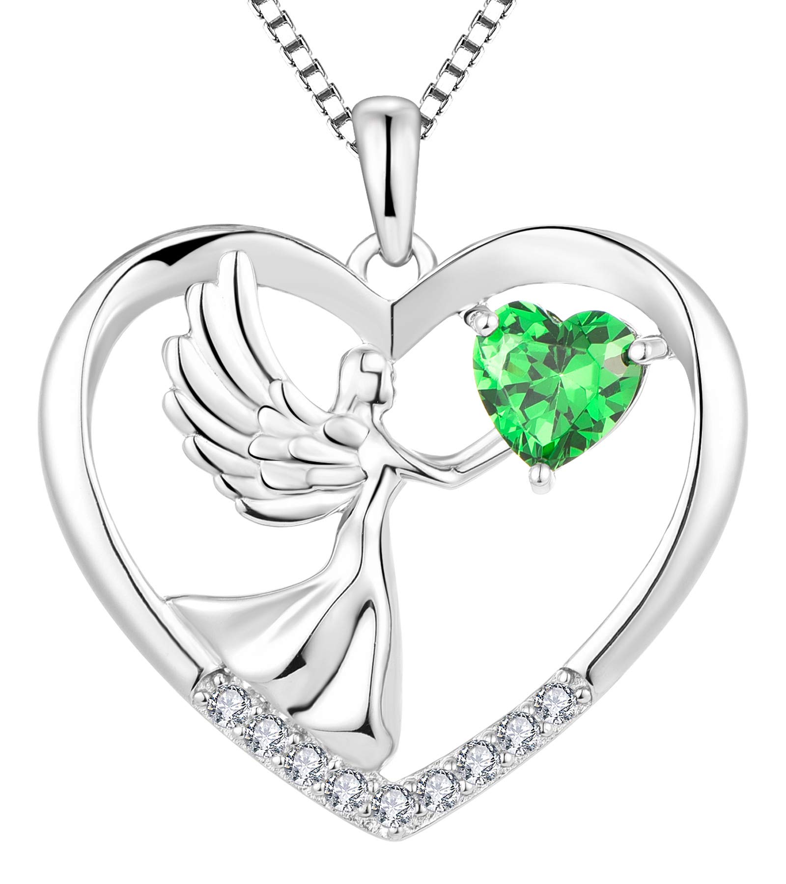 YL Sterling Silver Heart Necklace with Angel Wings & Birthstone - Elegant Love Pendant Jewelry for Women, Perfect for Valentine's Day, Anniversary & Birthday Gifts