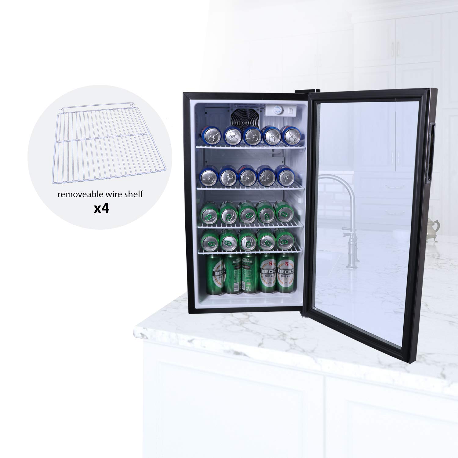 NorthAir 100 Can Beverage Refrigerator - Mini Fridge with Glass Door, 7 Temperature Settings (32°F-61°F) - Compact Drink Cooler for Home, Office, Bar, or Party Use