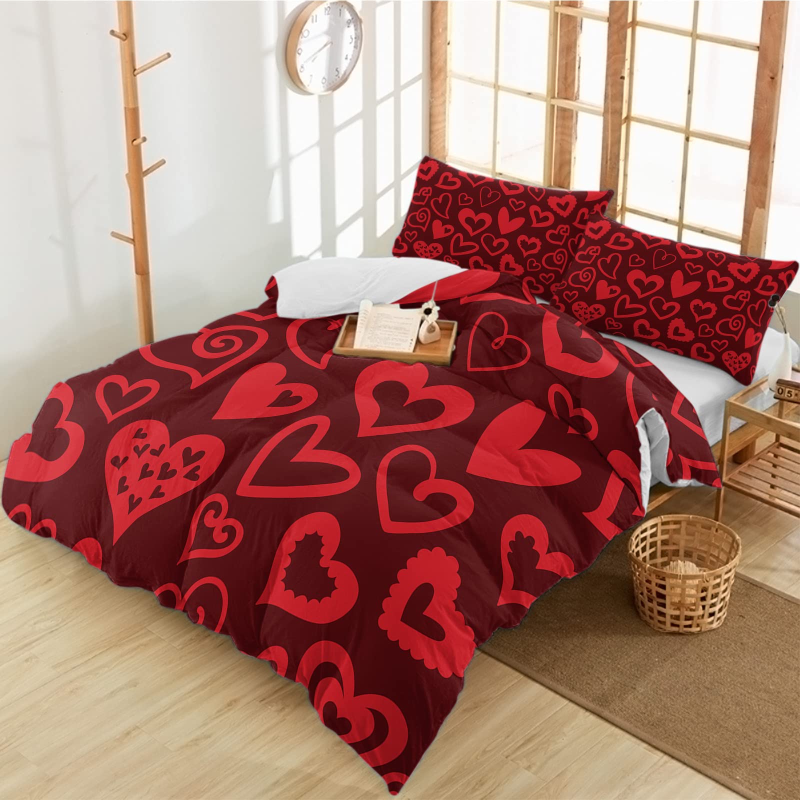 3 Pieces Valentine's Day Red Love Heart Duvet Cover Set - Cal King Size Luxury Soft Microfiber Quilt Cover with Pillowcases, Romantic Art Bedding for Couples - Perfect for Anniversary Gifts, Wedding Presents & Master Bedroom Decor
