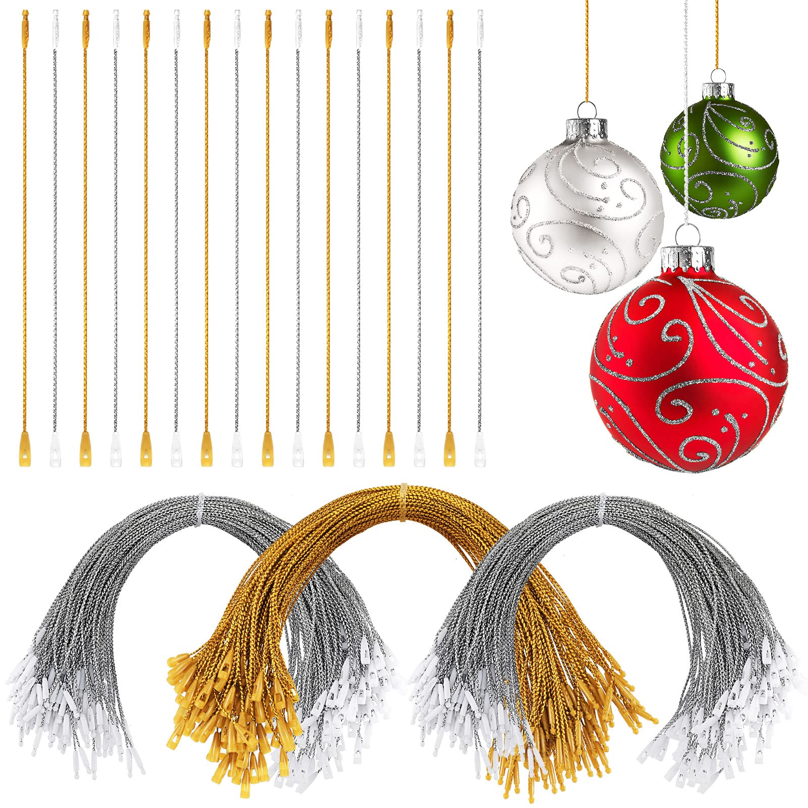 300 Pieces Christmas Ornament Hangers - Snap Locking Ropes Fasteners for Holiday Decorations (Silver & Gold) | Perfect for Christmas Tree Decor, Gift Tags, and Party Hanging Decorations