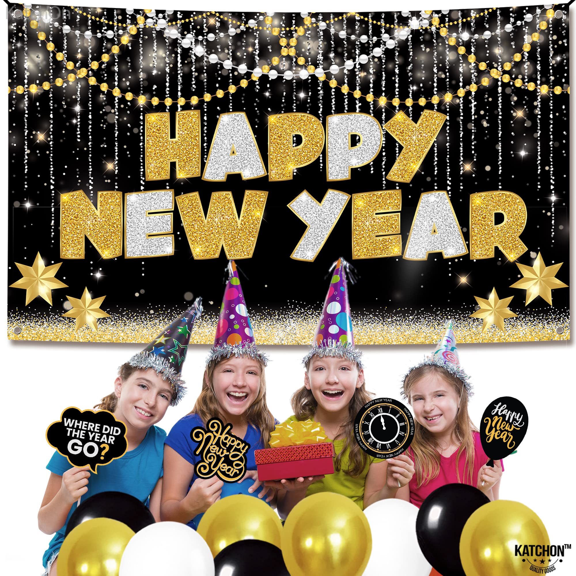 KatchOn Large Happy New Year Banner 72x44 Inch - 2025 New Year Decorations | NYE Party Backdrop & Supplies for New Year's Eve Celebrations | Perfect for Home, Office & Event Decor