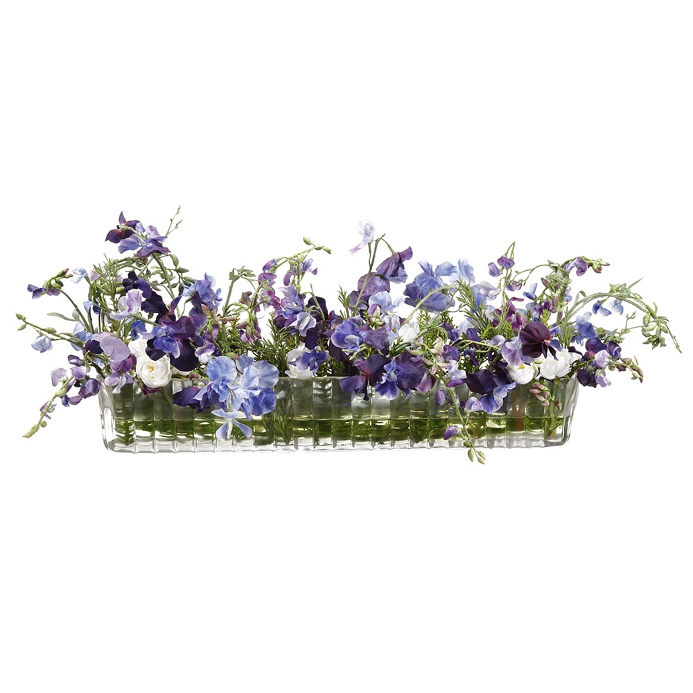 11.5Hx36W Sweet Pea & Ranunculus Artificial Silk Flower Arrangement with Glass Vase - Purple/Violet Floral Centerpiece for Home Decor, Wedding, Office & Event Decoration