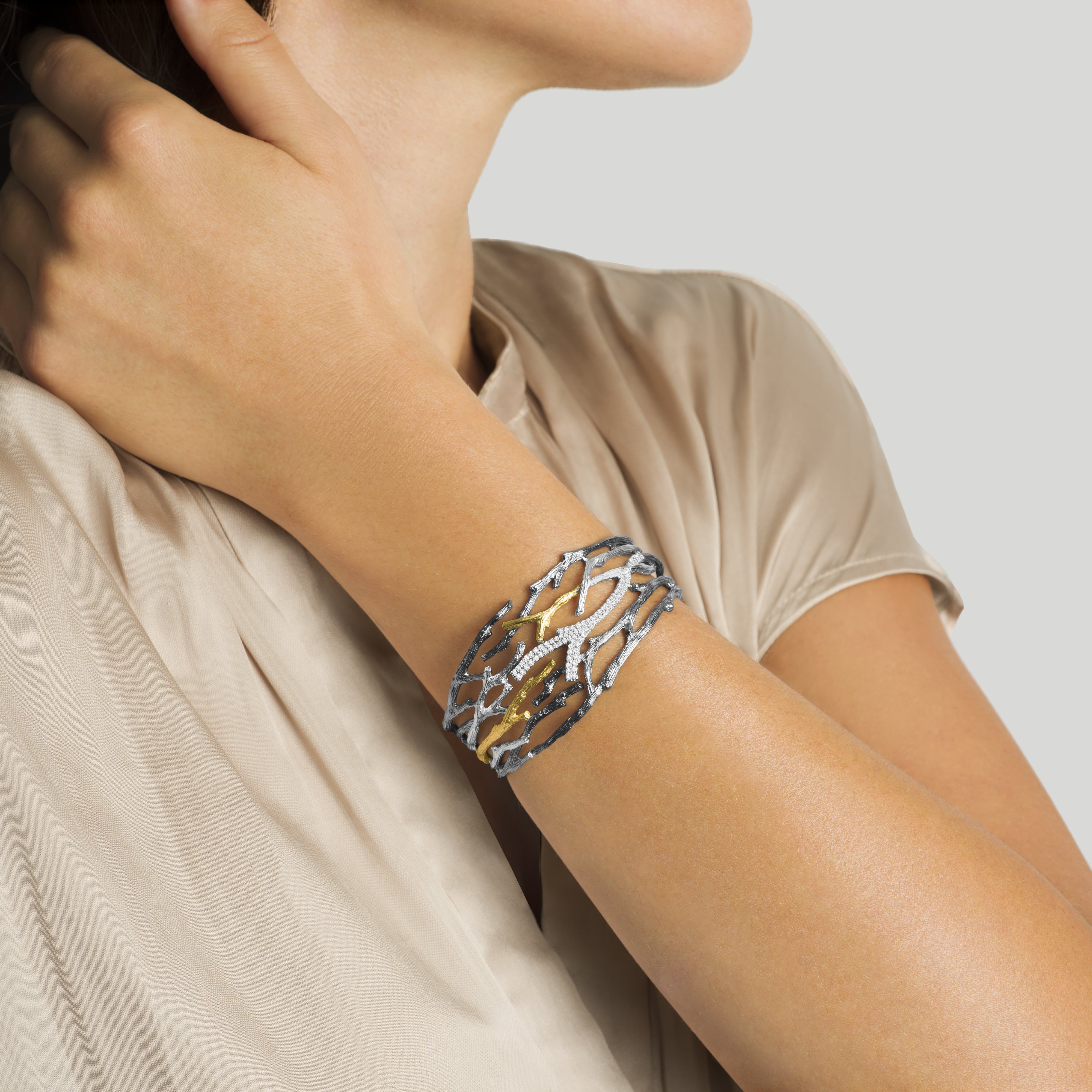 Enchanted Forest Diamond Cuff Bracelet - Black Rhodium & Gold Plated - Elegant Jewelry for Women, Perfect for Parties, Weddings & Special Occasions
