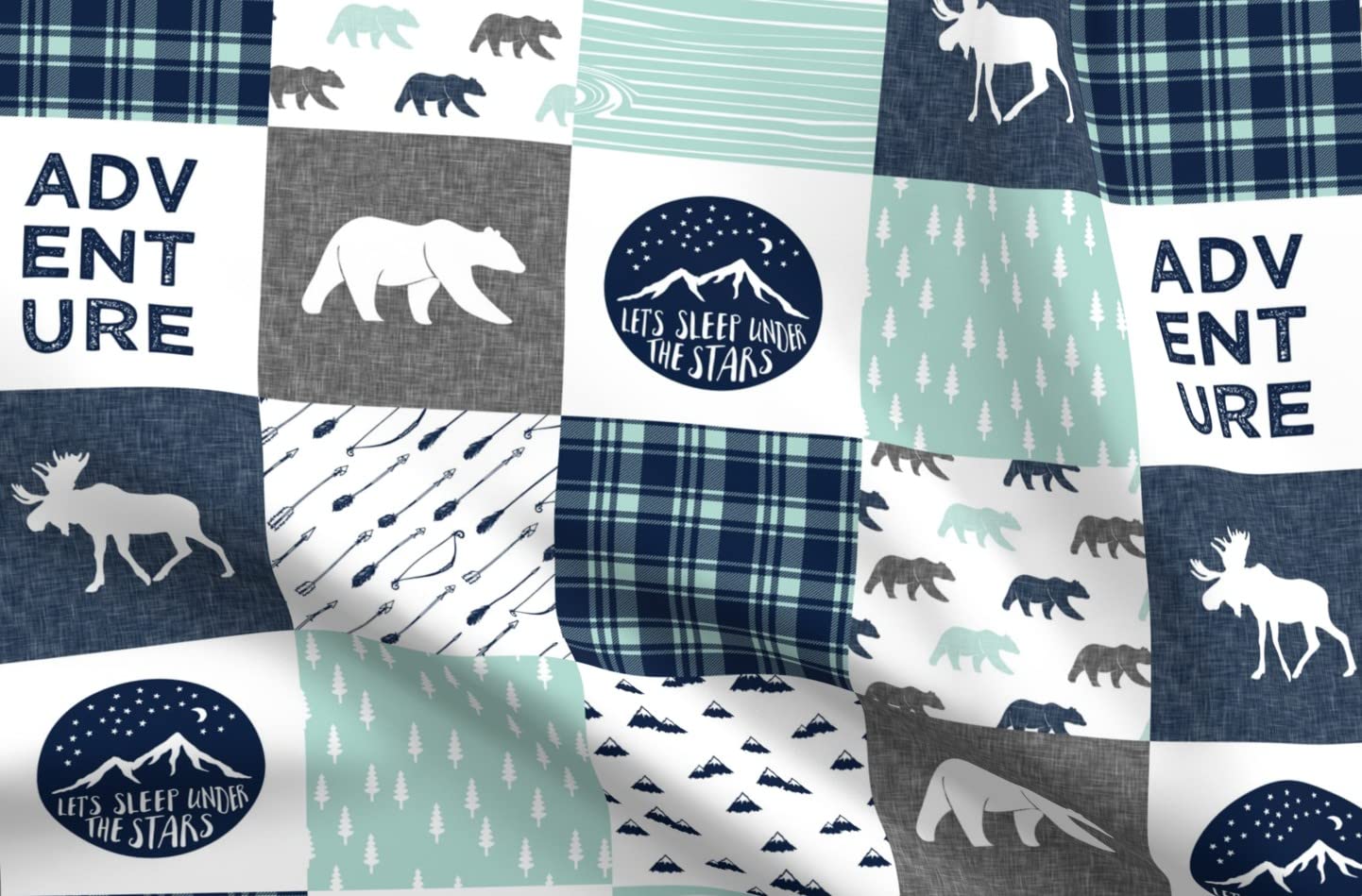 Happy Camper Adventure Blue Navy Moose Printed Minky Fabric by The Yard - Soft Plush Quilting Material for Baby Blankets, Quilt Backing & Sewing Projects - Perfect for Nursery Decor, DIY Crafts & Cozy Home Textiles