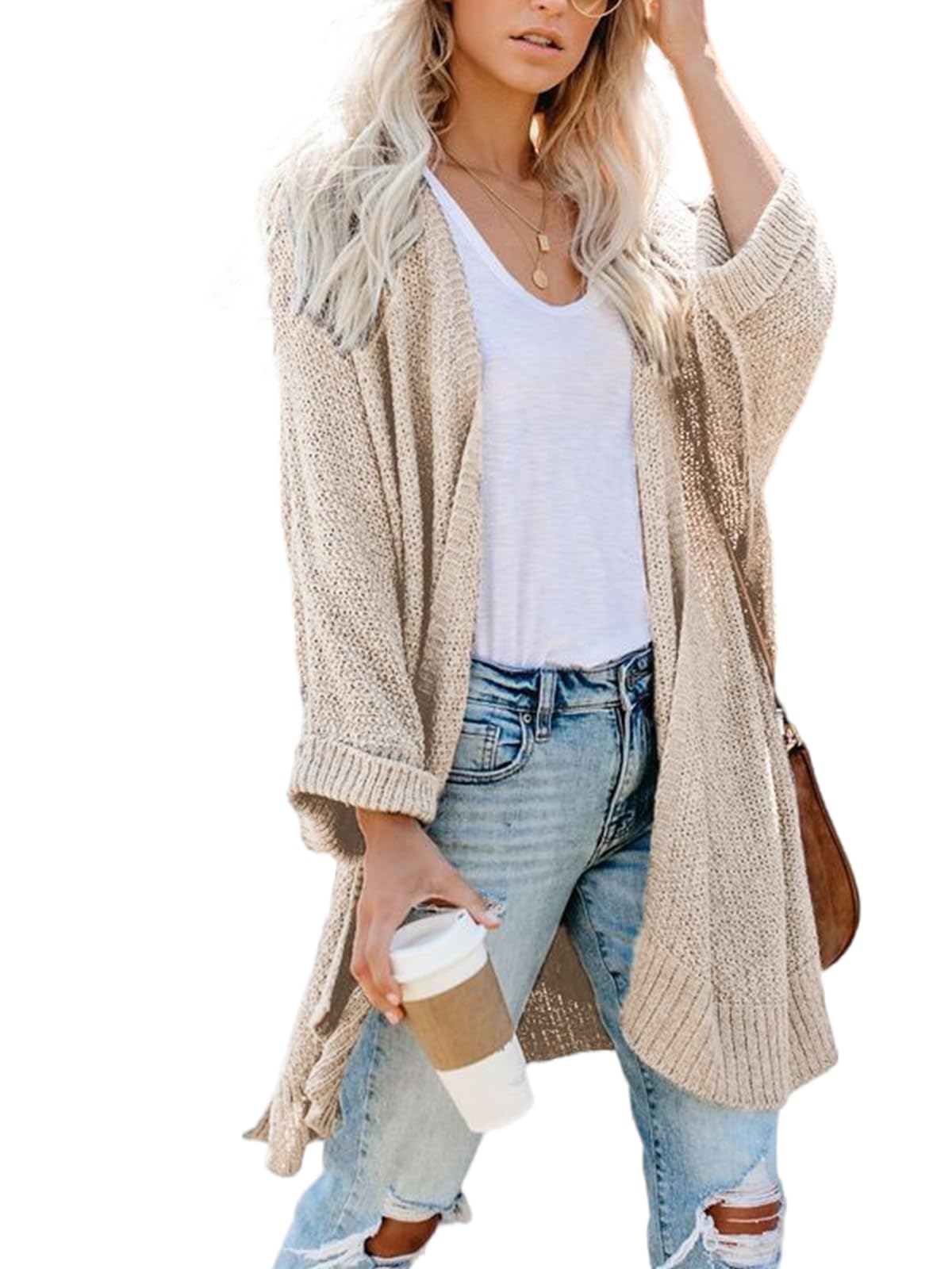 CUPSHE Women's Lightweight Open Front Crochet Knit Long Sleeve Cardigan Sweater for Fall - Cozy Casual Loungewear for Coffee Dates & Autumn Outfits