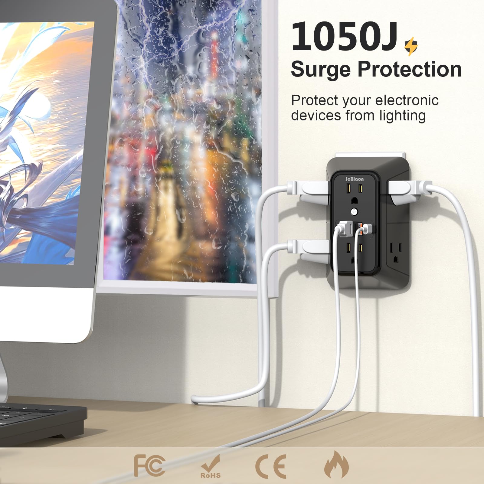 6-Outlet Surge Protector with 4 USB Ports (2 USB-C) - Multi Plug Power Strip, 3-Sided Wall Adapter for Home, Office, Kitchen & Travel - Black | Perfect for Charging Multiple Devices Simultaneously