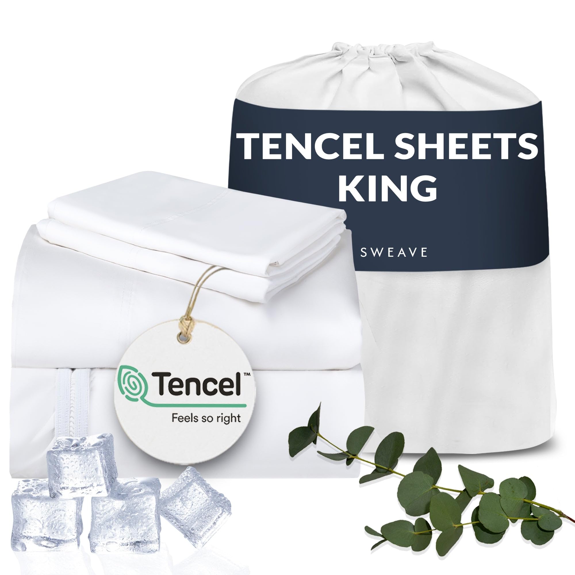 Cooling Eucalyptus Tencel Sheets King Size - 4-Piece Breathable Percale Weave Bedding Set with Egyptian Cotton Blend for Hot Sleepers | Ultra Soft Luxury Sheets for Summer & All Seasons | Perfect for Master Bedroom, Guest Room & Vacation Homes (White)