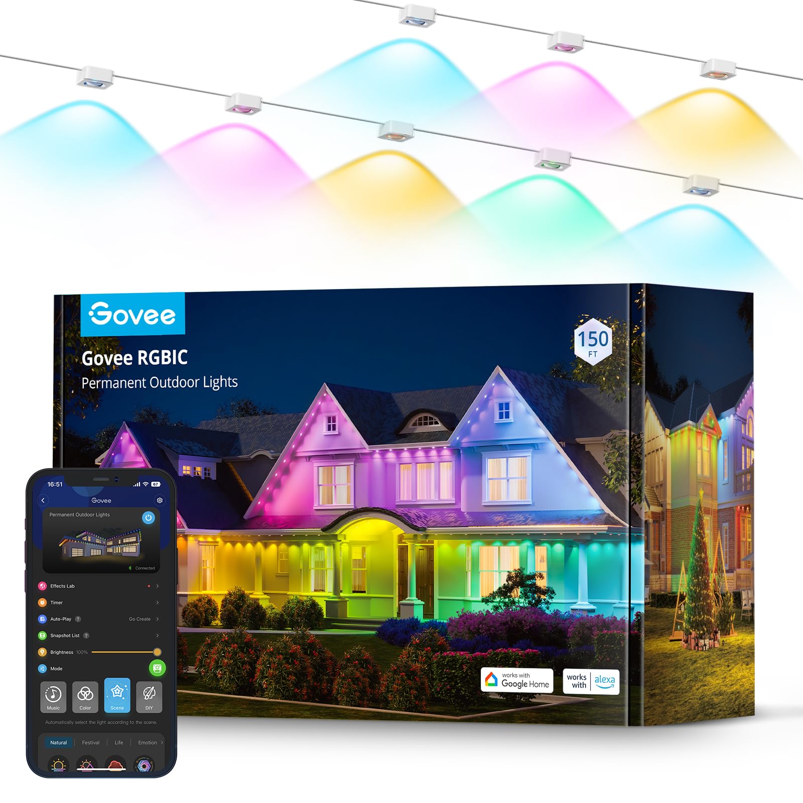 Govee Smart RGBIC Permanent Outdoor Lights - 150ft 108 LED IP67 Waterproof Eaves Lights with 75 Scene Modes, Alexa & Google Assistant Compatible for Home, Garden, Patio, and Holiday Decorations