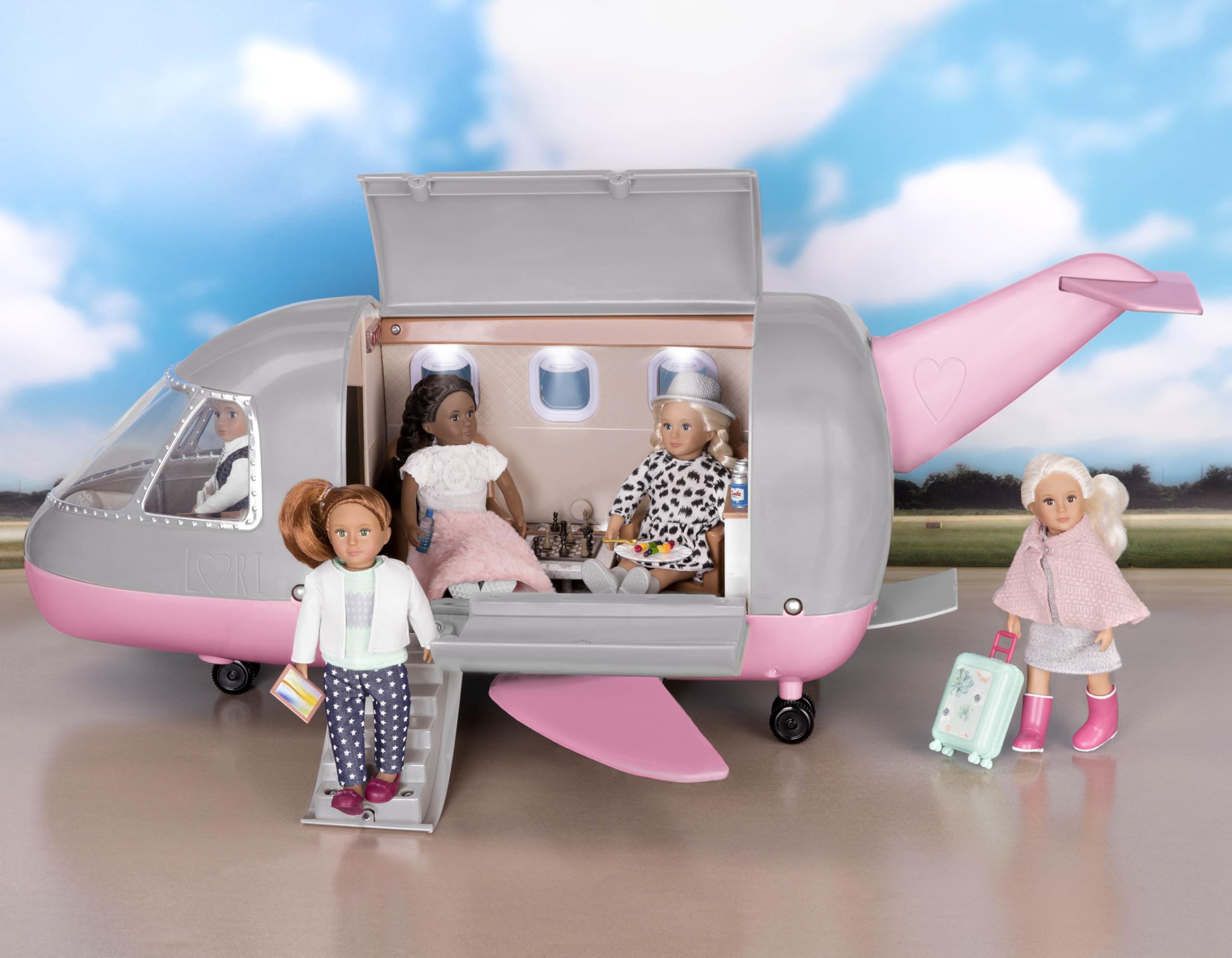 Lori Airplane Toy for 6-Inch Mini Dolls - Luxury Jet with Working Lights & Sounds, Chess Game & Play Food Accessories - Perfect for Imaginative Play & Travel Adventures (Ages 3+)