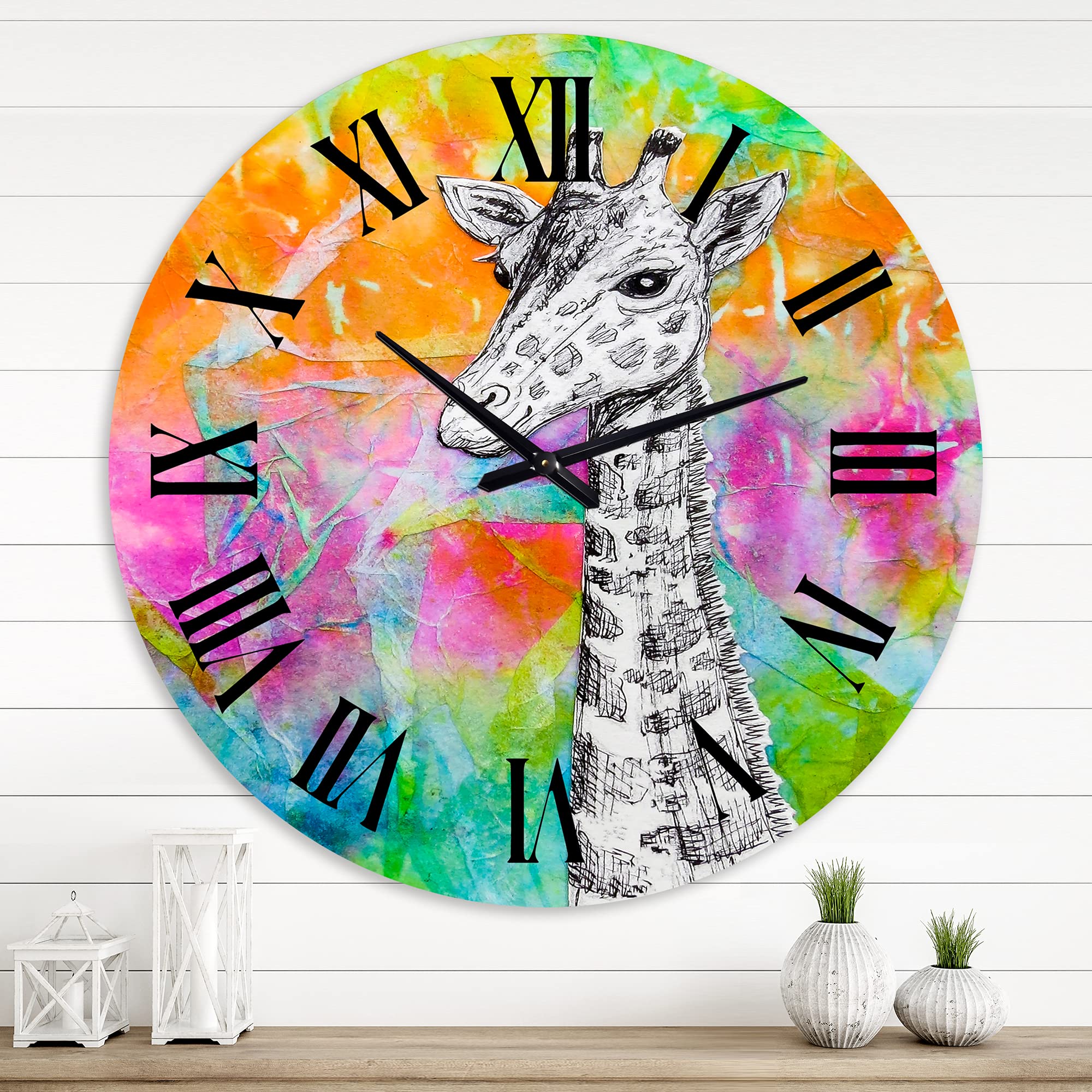 DesignQ Kids Wall Clock - White Giraffe Drawing on Rainbow, Large Animal Wall Clock for Nursery & Playroom Decor | Perfect for Children's Bedroom, Classroom & Play Area
