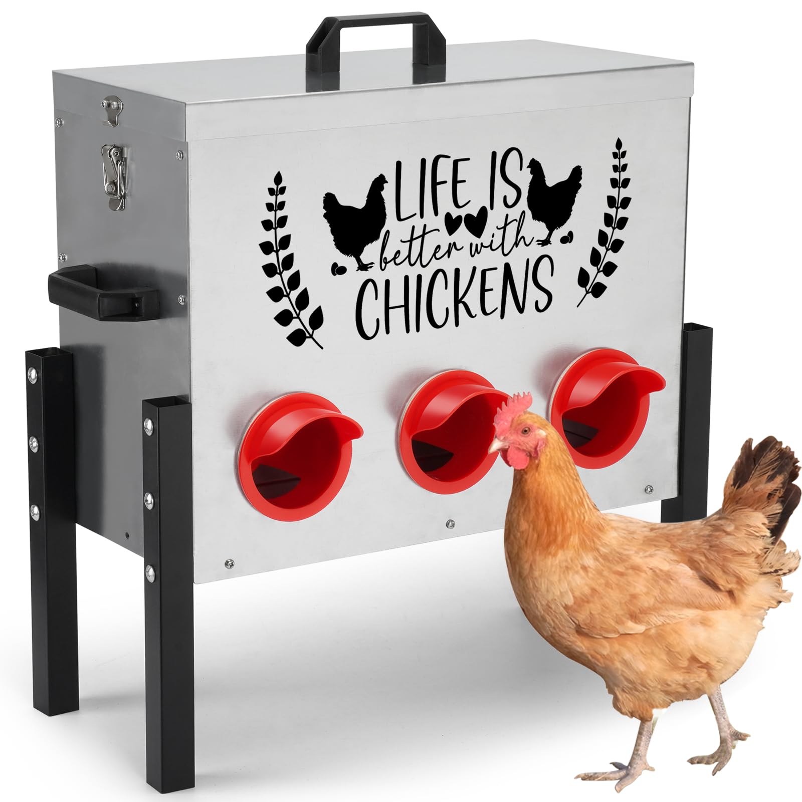 30 lbs Galvanized Metal Chicken Feeder Box with 6 Feeding Ports & Stand - Durable Poultry Feeder for Chickens, Ducks, Geese - Perfect for Coops, Farms & Backyard Flocks