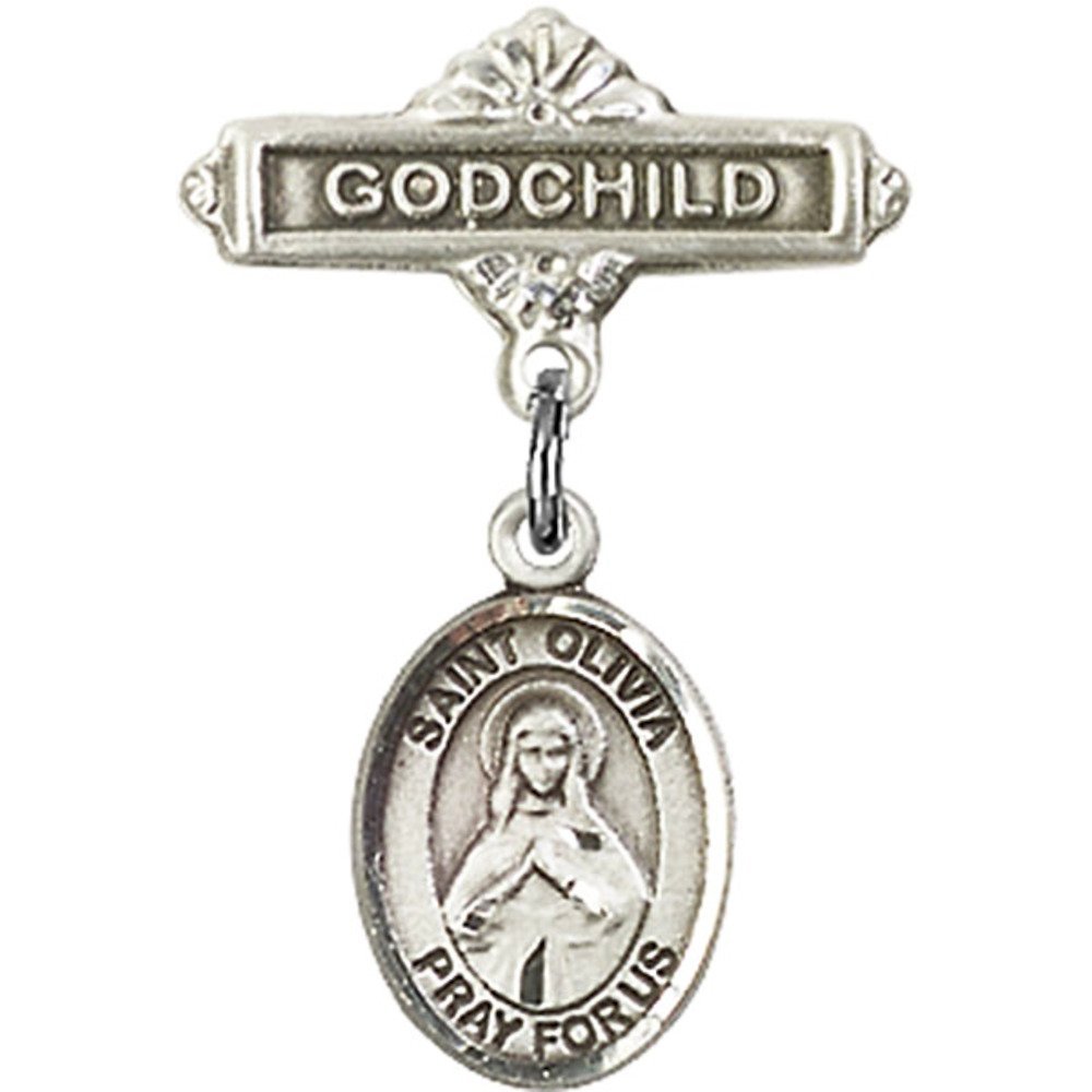 Sterling Silver Baby Badge with St. Olivia Charm - Godchild Gift Pin 1 X 5/8 Inches - Perfect for Christenings, Baptisms & Baby Blessing Ceremonies
