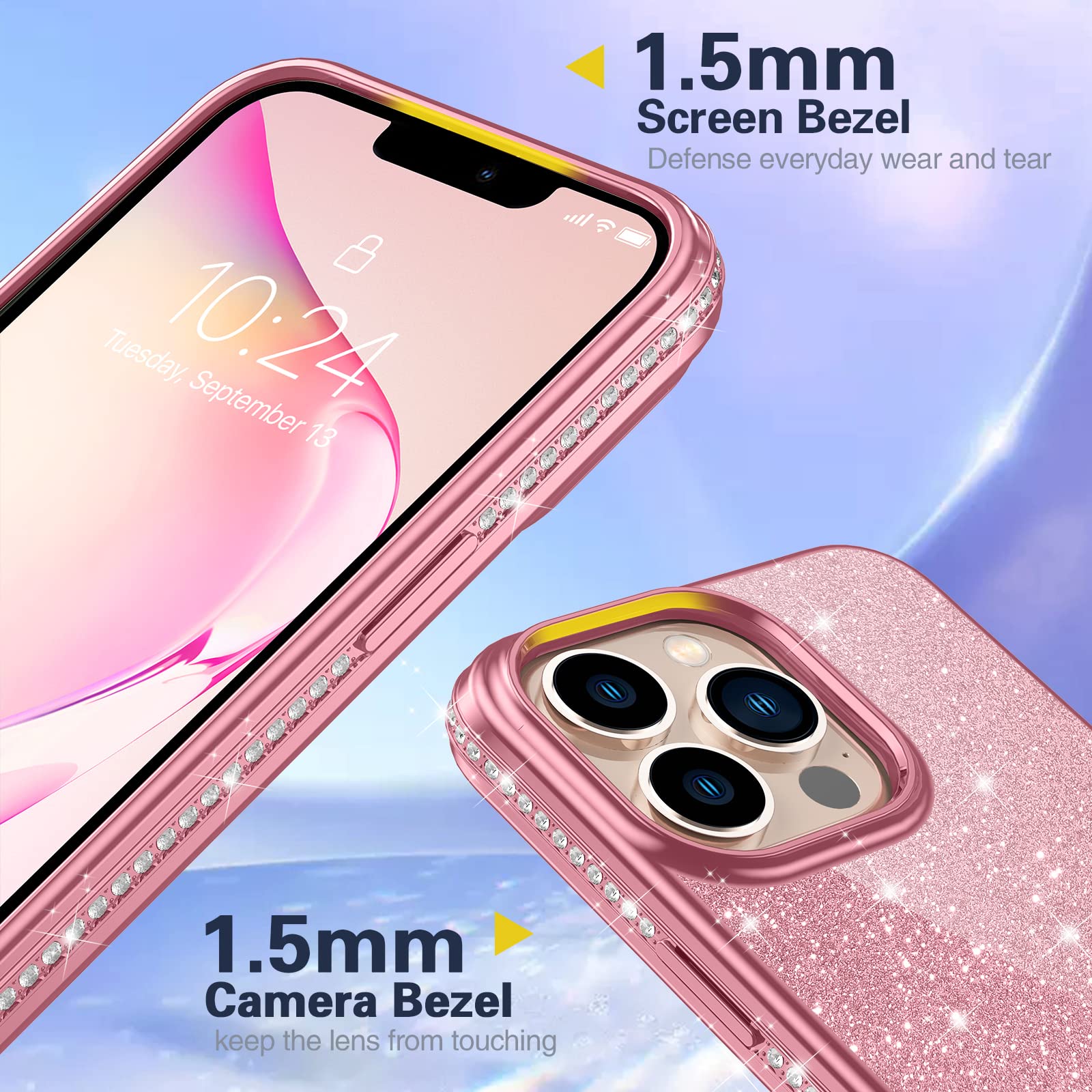 Sparkly Glitter Luxury Diamond iPhone 13 Pro Max Case - Shockproof, Anti-Scratch Slim Fit Protective Phone Cover for Women & Girls (Pink) | Perfect for Parties, Daily Use & Gift Giving