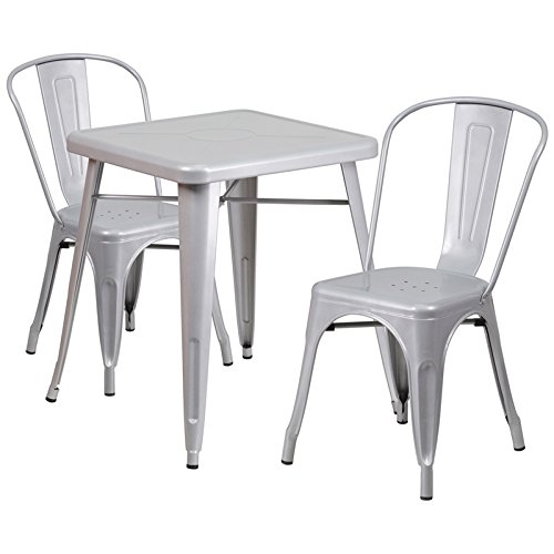 Silver Metal Square Dining Table Set with 2 Stackable Chairs - 23.75
