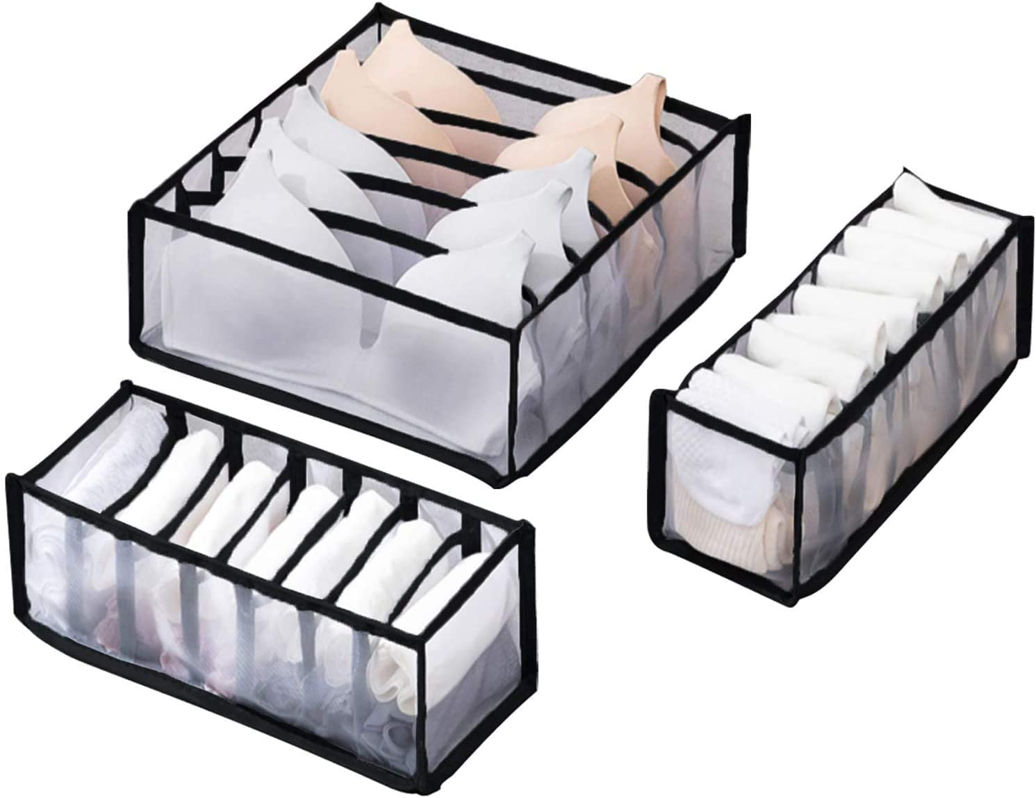 Fenluoqi 3-Piece Foldable Underwear Organizer with Compartments - Drawer Divider for Socks, Bras & Underwear - Black Wardrobe Storage Box for Closet & Cabinet Organization (Perfect for Travel, Home & Dorm Use)