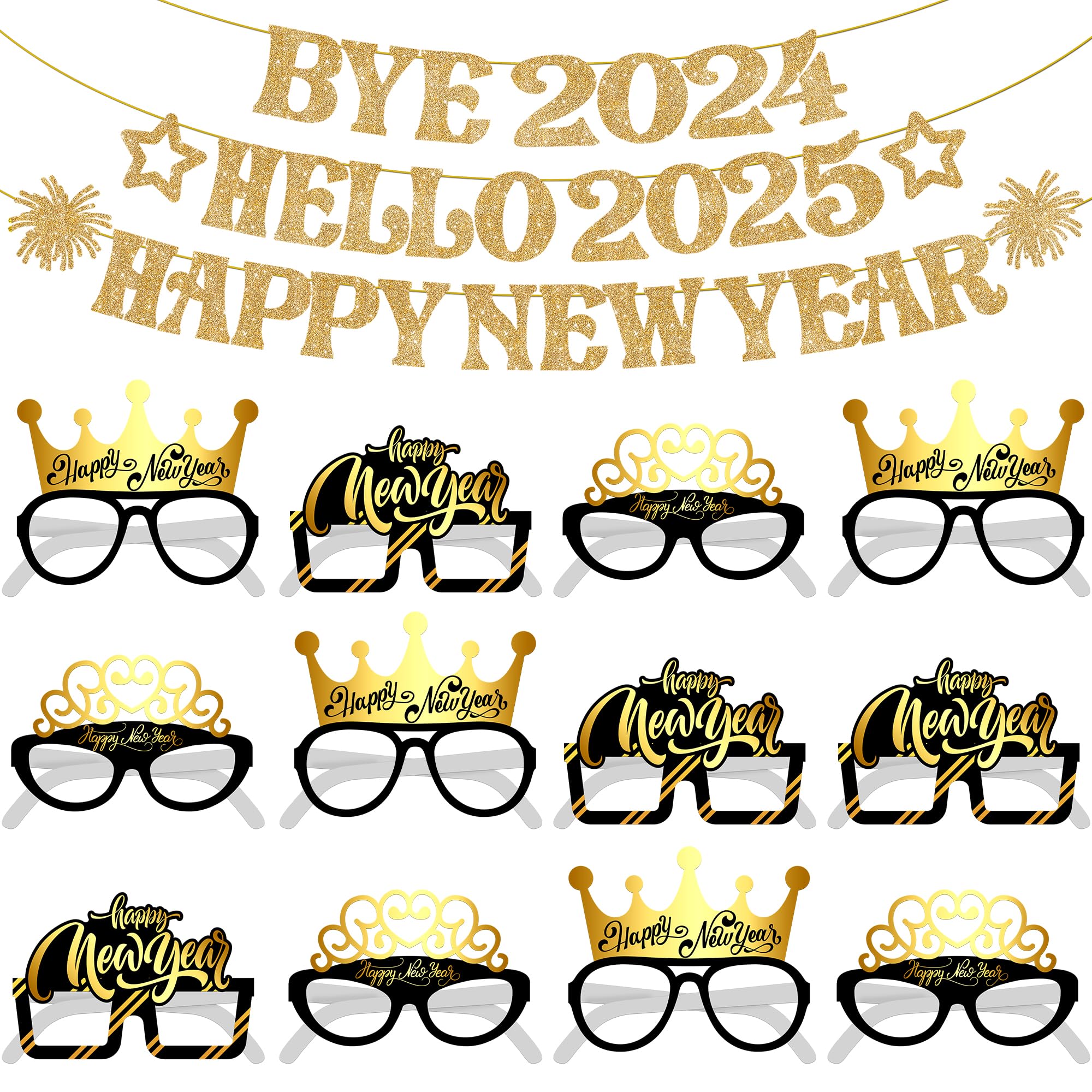 KatchOn 2025 New Year Party Decorations - 13-Pack Glitter Happy New Year Banner & NYE Glasses Set | Perfect for New Year's Eve Countdown, 2025 Celebration Decor & Holiday Party Supplies | Bye 2024 Hello 2025 Decorations for Home, Office or Club Parties