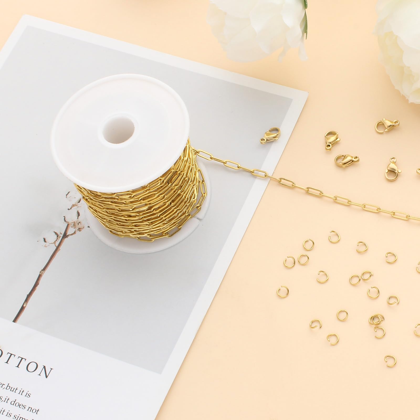 5M Gold Plated 304 Stainless Steel Paperclip Necklace Chain with Lobster Clasps & Jump Rings - Jewelry Making Supplies for Men & Women - Perfect for DIY Necklaces, Bracelets and Craft Projects